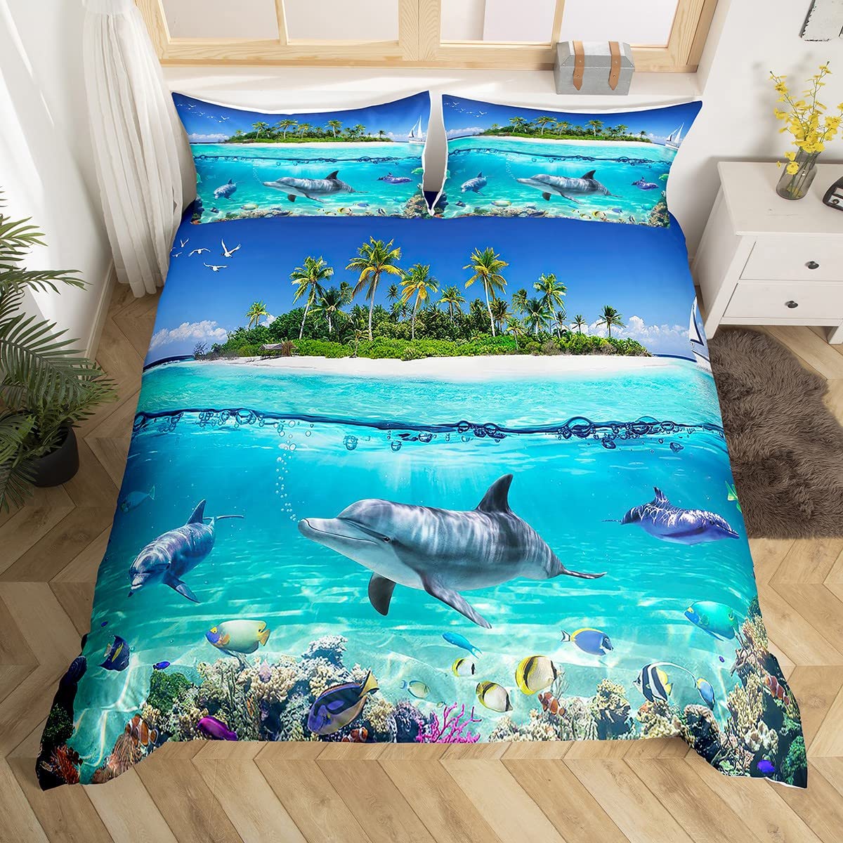 Homewish Underwater World Bedding Set Hawaii Beach Duvet Cover King,Island Mediterranean Comforter Cover Tropical Sealife Bed Sets Nautical Sea Animal Ocean Theme Bedroom Decor for Child KidsOEKO-TEX STANDARD 100