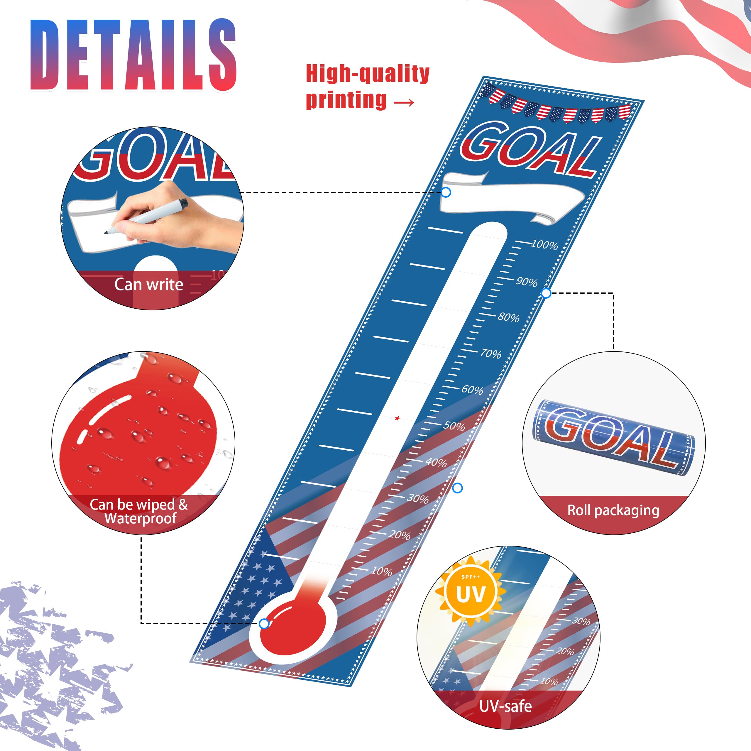 2 Pack Dual-Design Fundraising Thermometer Posters (39.3''x10'') | Dry Erase Goal Tracker Kit with 2 Markers, Magnets & Nano Tape | Progress Board for Schools, Church, Nonprofit Events