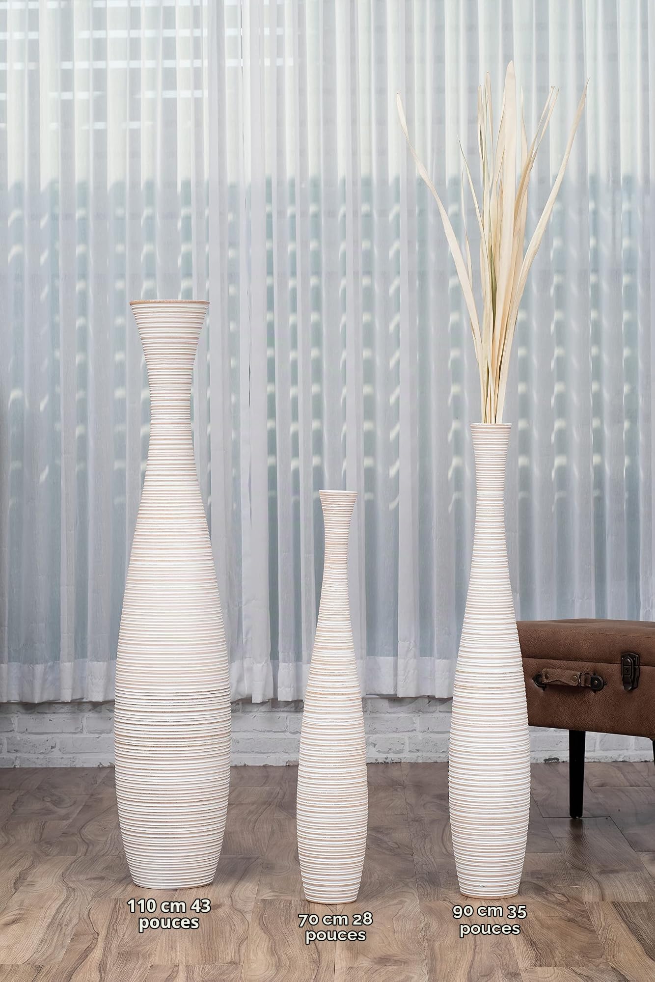 Leewadee Grand Vase de Sol 85 cm Bois de Manguier Pampa & Fleurs Séchées