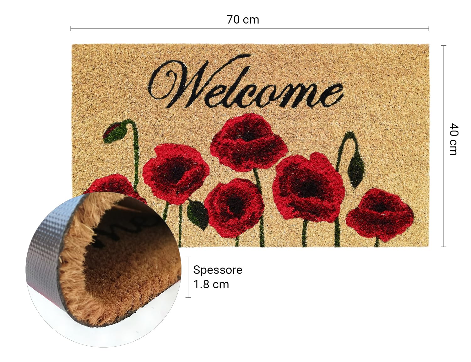parpyon® Zerbino ingresso casa esterno Classico CM 40X80 in Cocco Naturale con fondo ANTISCIVOLO Tappeto entrata per esterno ed interno tappeti moderni (CM 40X80, Bordo-2M