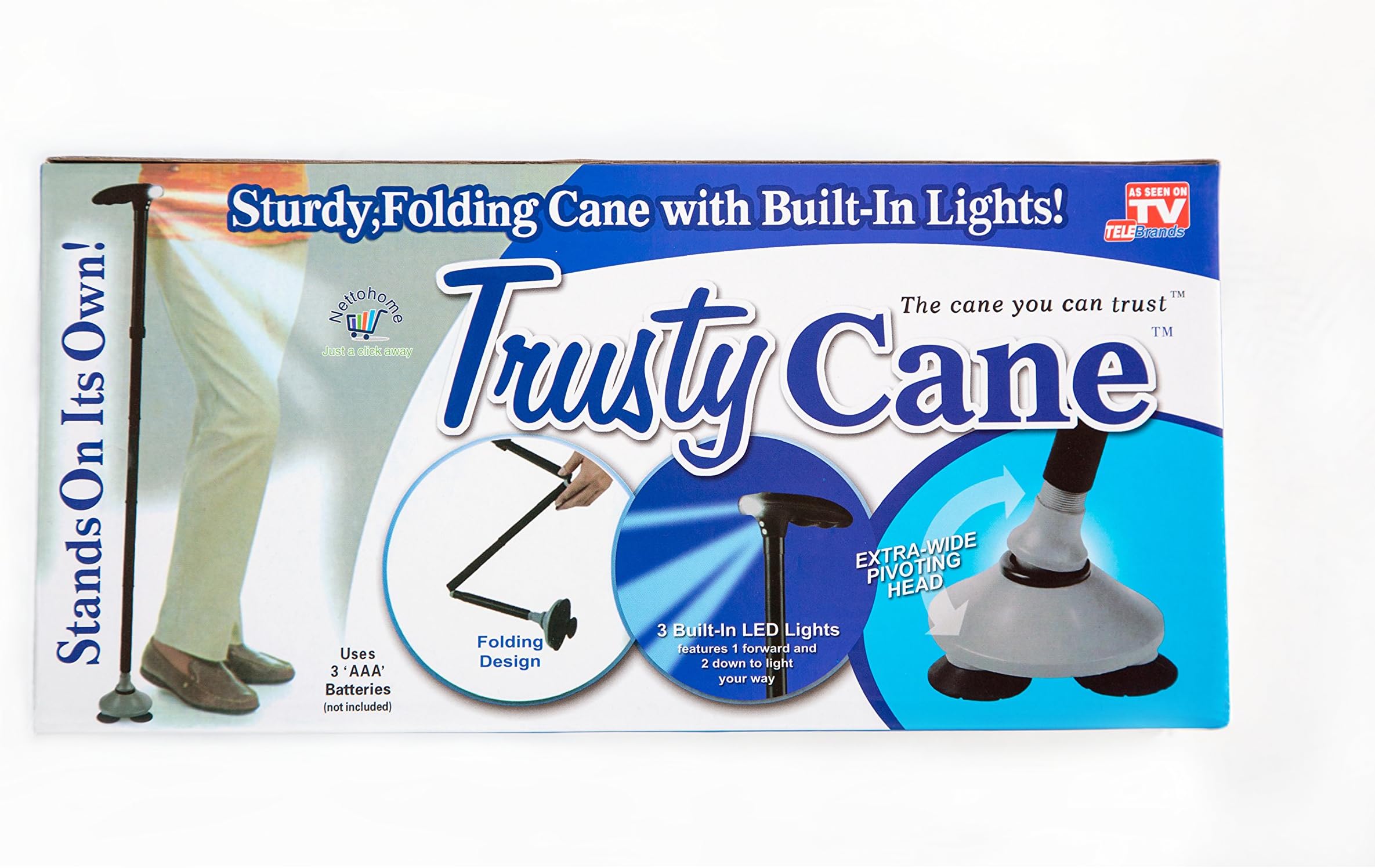 Trusty Cane adjusts folding in a hurry. Lightweight self standing for men women elderly 1.2 lbs. Mobile aid easy grip LED light for freedom independence Go Quadpad As seen on TV. Stable T handle Black