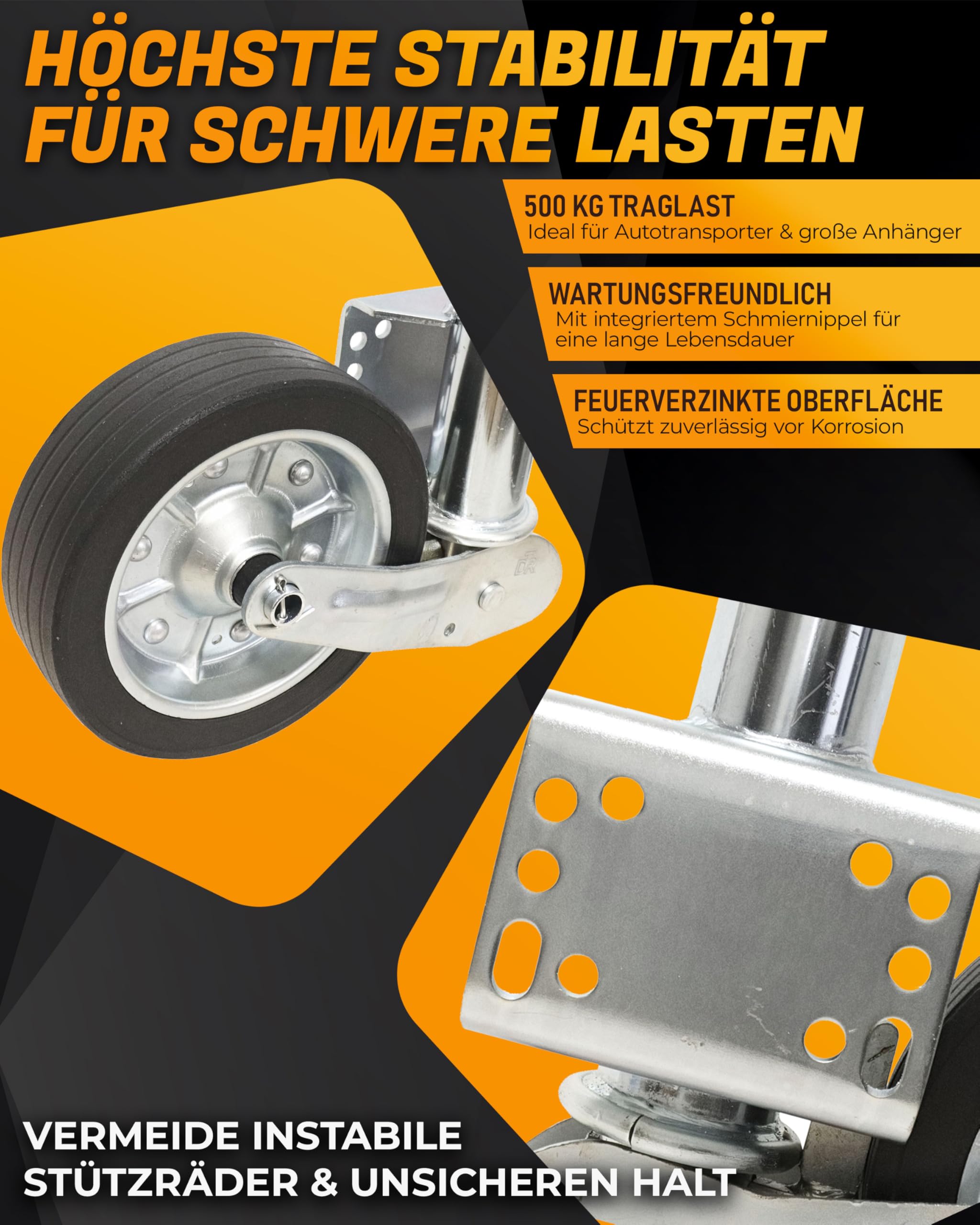 The Drive | Anhänger Stützrad 500KG | vollautomatik | mit Ergo-Griff | Vollgummirad Ø225x65 | Schwerlast | perfekt für Anhänger, Pferdeanhänger, Trailer & Wohnwagen