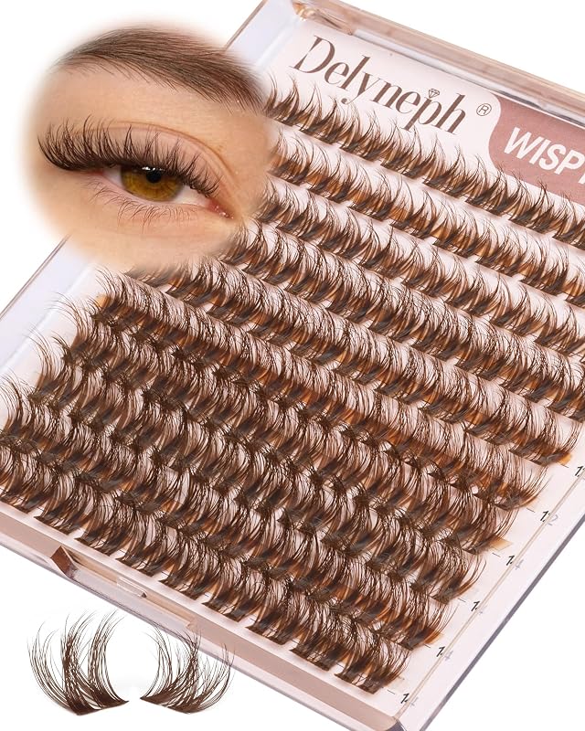 Cílios postiços em tufos castanhos wispy Delyneph, 10 mm, 12 mm e 14 mm