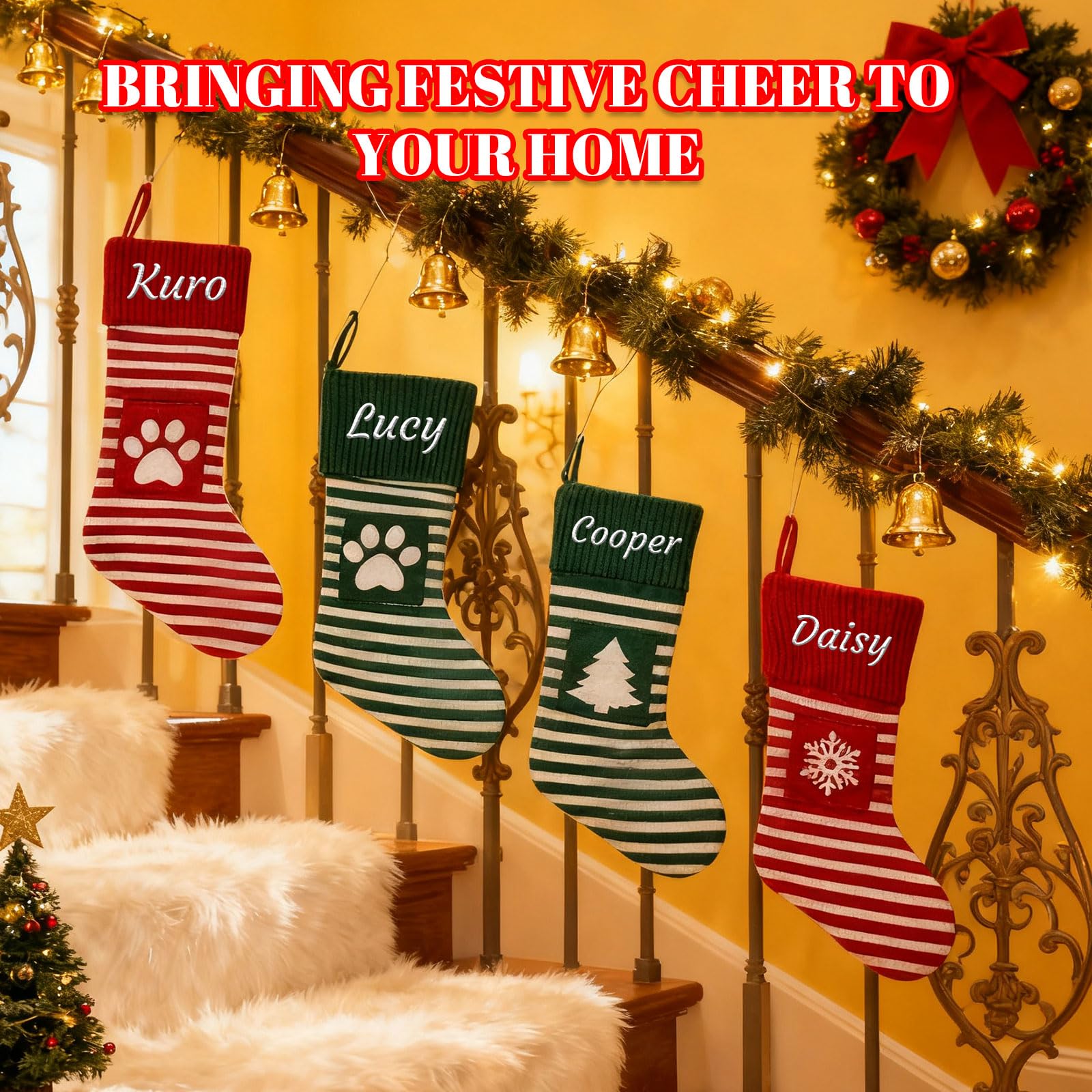 Generisch 6 PCS Personalisiert Weihnachtsstrumpf, Namensstickerei, 35 cm | Rot-Grün Gestreifter Strickstrumpf, 13.8zoll, Weihnachtsdeko für Familie & Haustiere