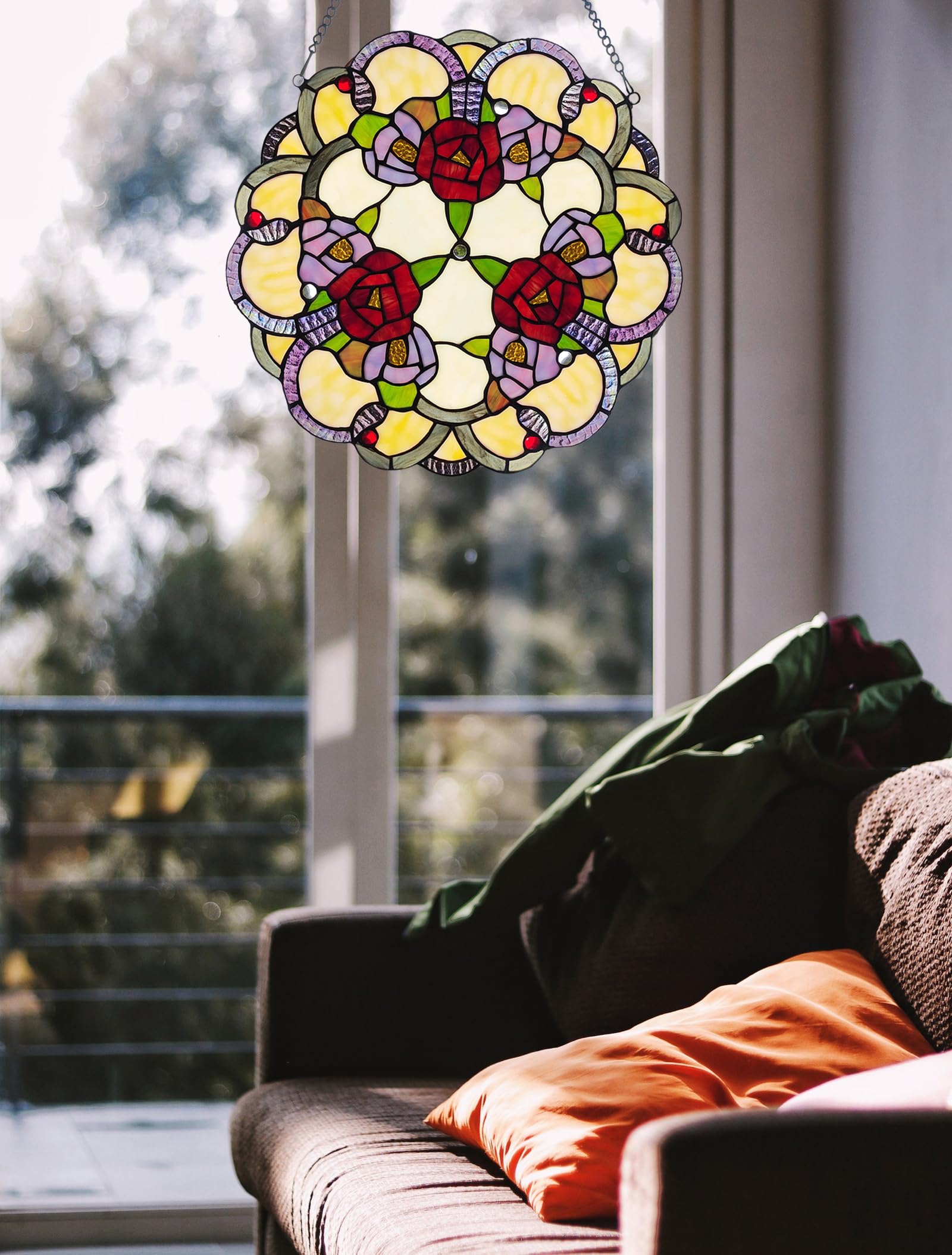 HomeBeauty Viktorianische Rose Buntglas-Panel, 12 H Fenster-Sonnenfänger, Fensterdekoration, Handwerk, Indoor-Hängekunst.