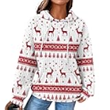 Ugly Christmas Striped Hoodies for Women Fashion Waffle Long Sleeve Hooded Sweatshirts Casual Retro Xmas Pullover Top