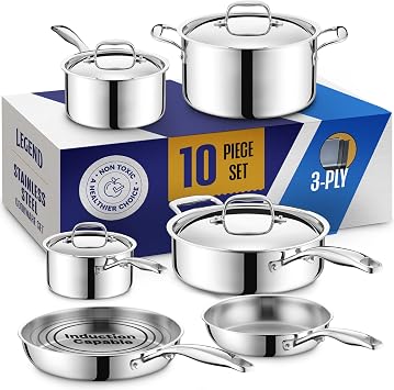 LEGEND COOKWARE 3 Ply الفولاذ المقاوم للصدأ الأواني والمقالي مجموعة | 10-Piece، التعريفي، غير سامة، الفرن الآمن | أفضل 18/8 كامل يرتدون | قسط المطبخ الطبخ، جودة الشيف المهنية | PFOA، PTFE & PFOS مجانا