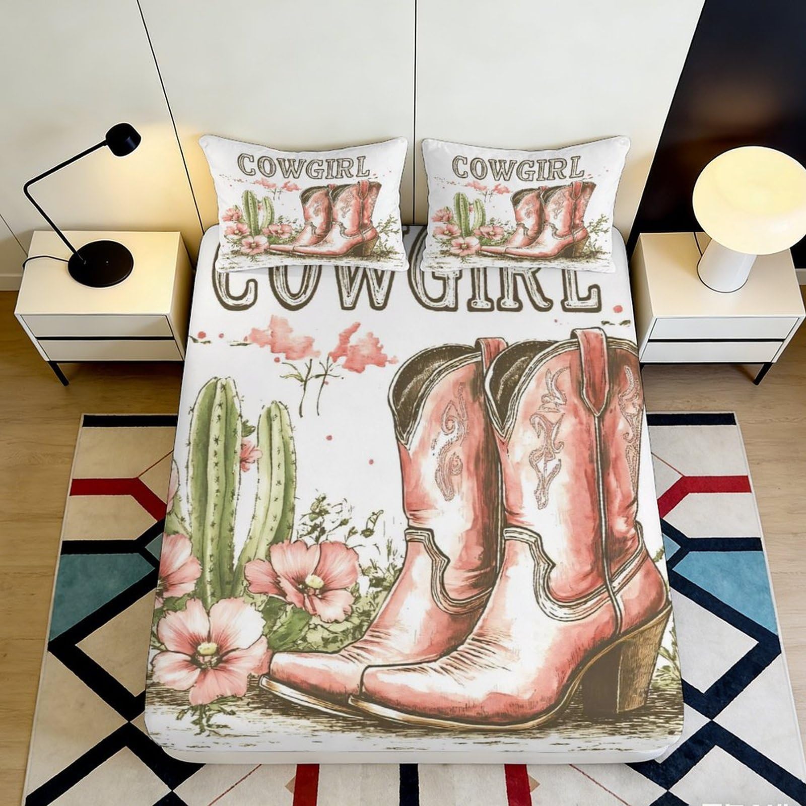 3D Printed Western Cowgirl Boots Fitted Sheet Microfiber Soft Floral Cactus Bed Cover for Bedroom Dorm Decor 90x200x25cm