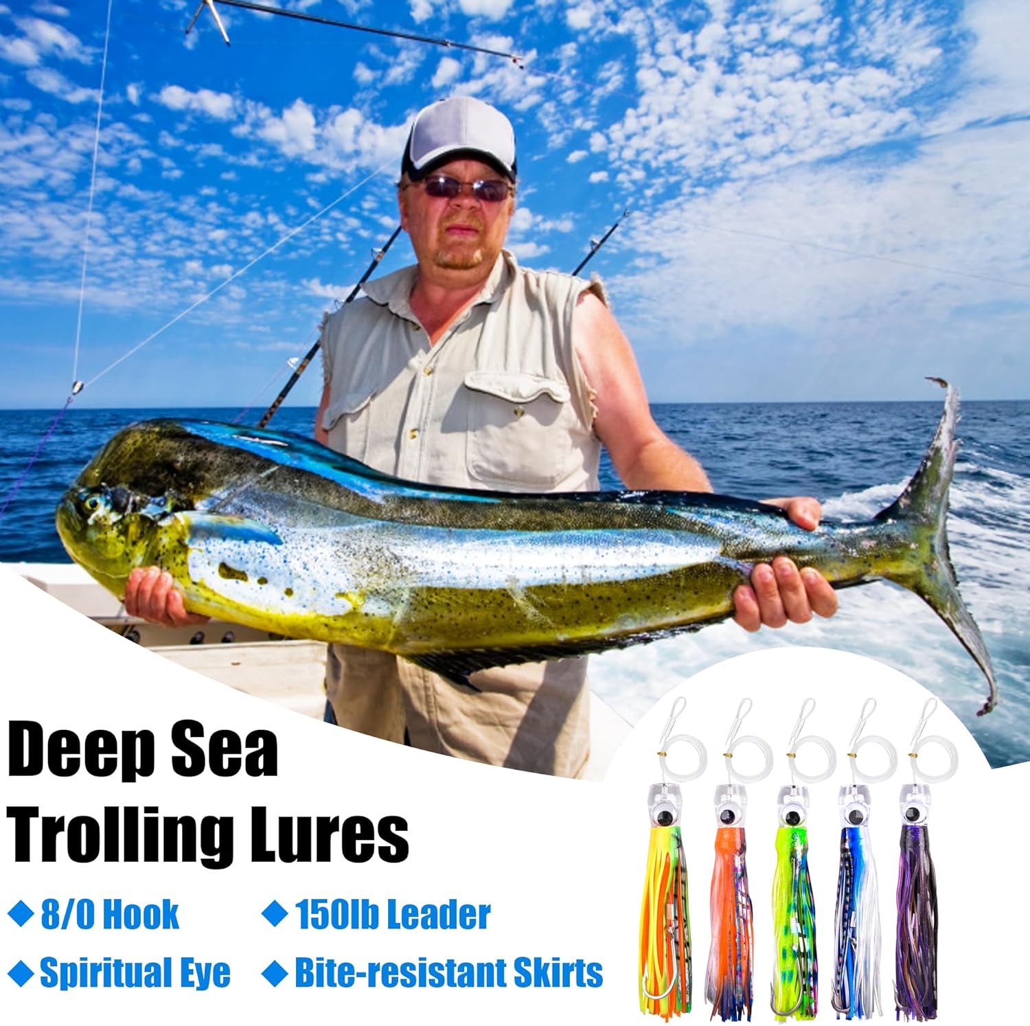 Saltwater Fishing Lures 6/9inch Trolling Lures for Marlin Mahi Tuna Dolphin Shark Big Game Deep Sea Fishing Baits Squid Skirts Rigged Hooks Ocean Gear Tackle