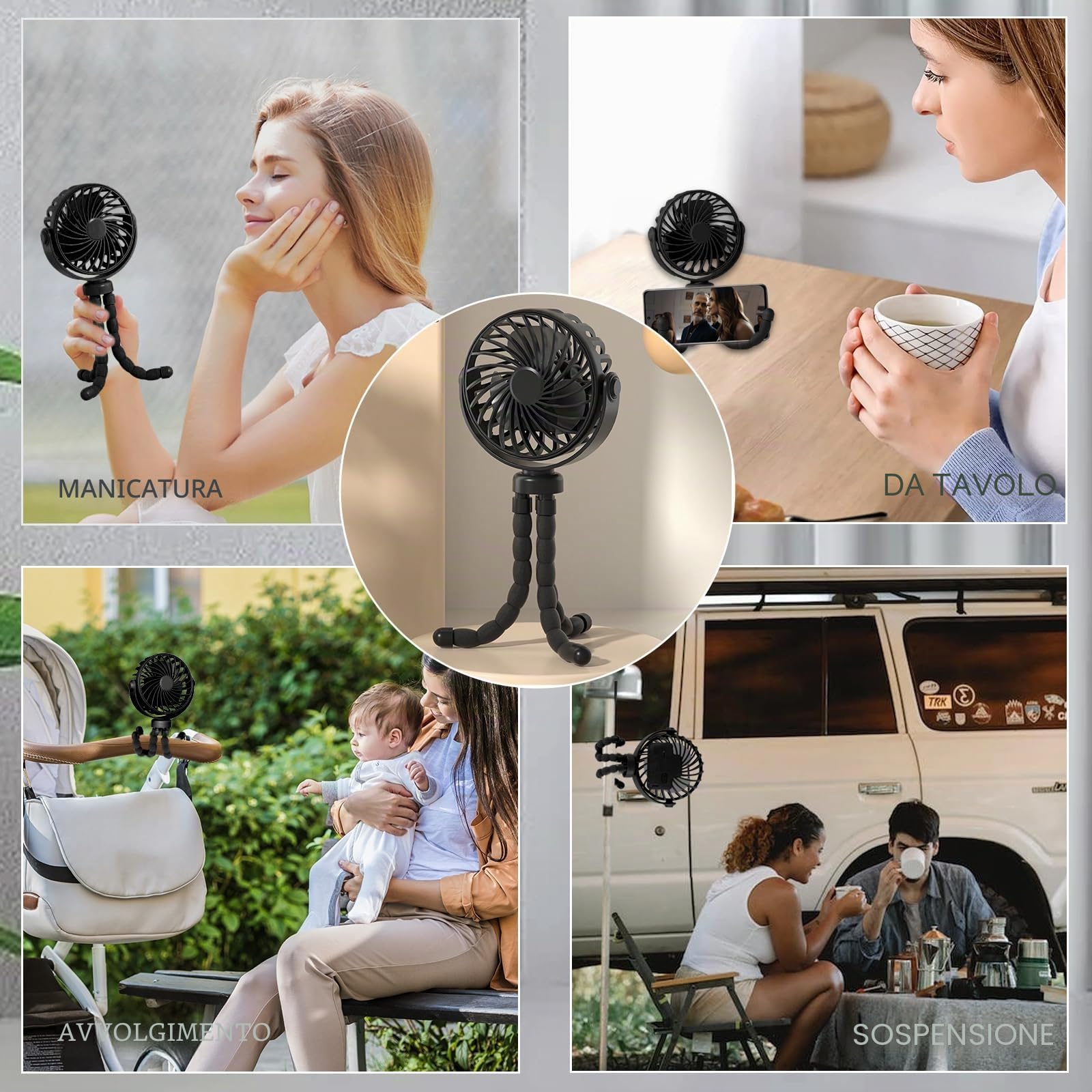 Ventilatore Portatile a Batteria Ricaricabile USB,Ventilatore Portatile Per Passeggino Rotazione a 360° a 3 Velocità con Treppiede Flessibile per Passeggino, Tapis Roulant, Culle (Nero)