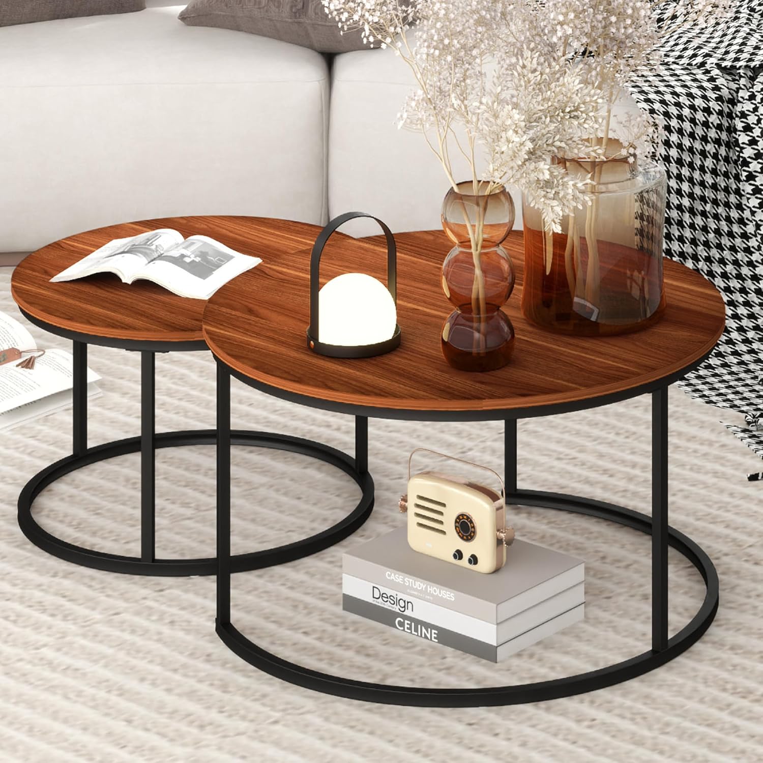 Furnivado 31.5" Round Nesting Coffee Table Set, Brown Wood Grain with Metal Frame