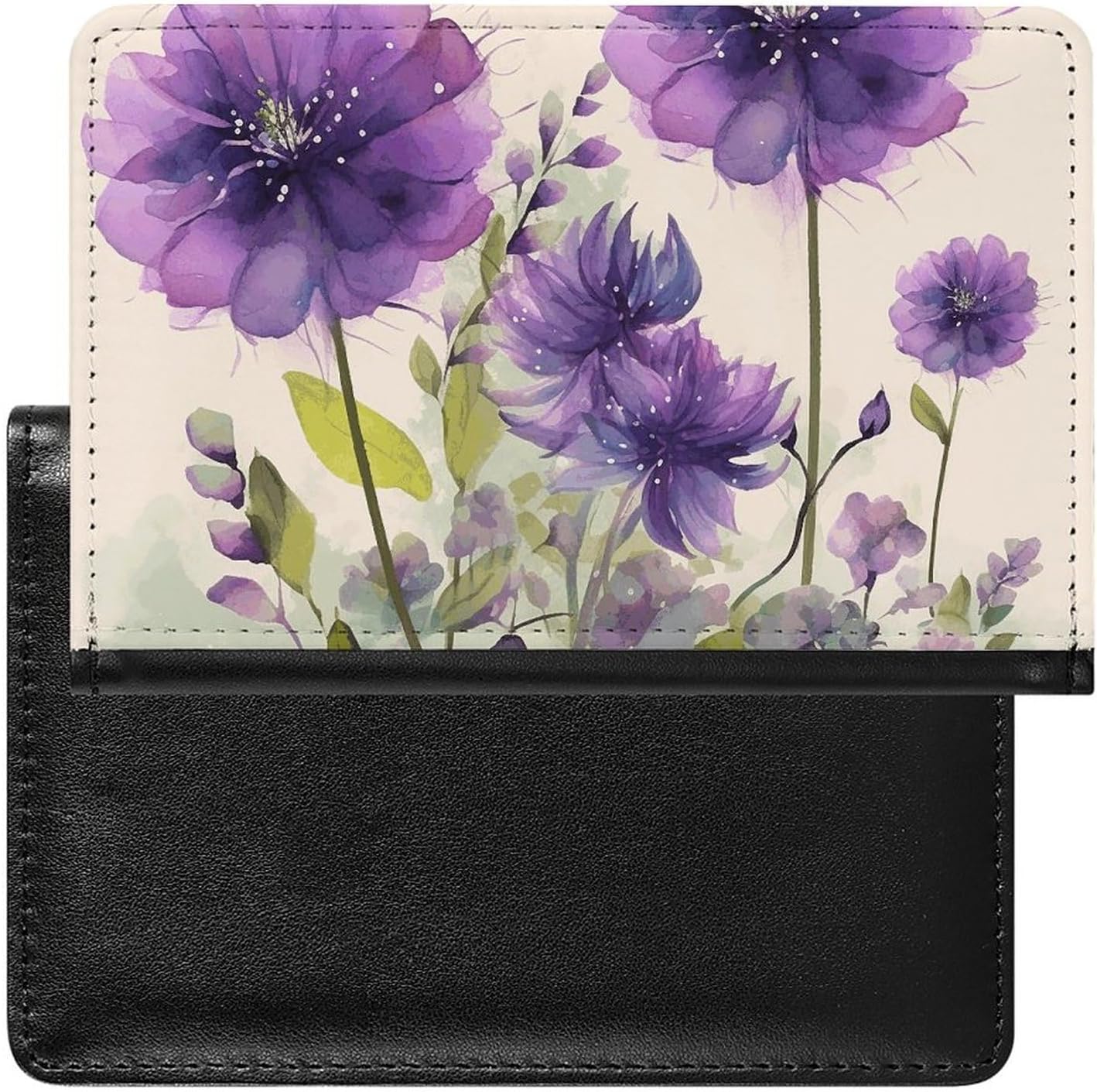 Cute Passport Holder for Travel,Personalized Multi-Functional Passport Cover with Card Slots,Slim Watercolor Style Purple Flowers Printed Passport Wallet for Women Men