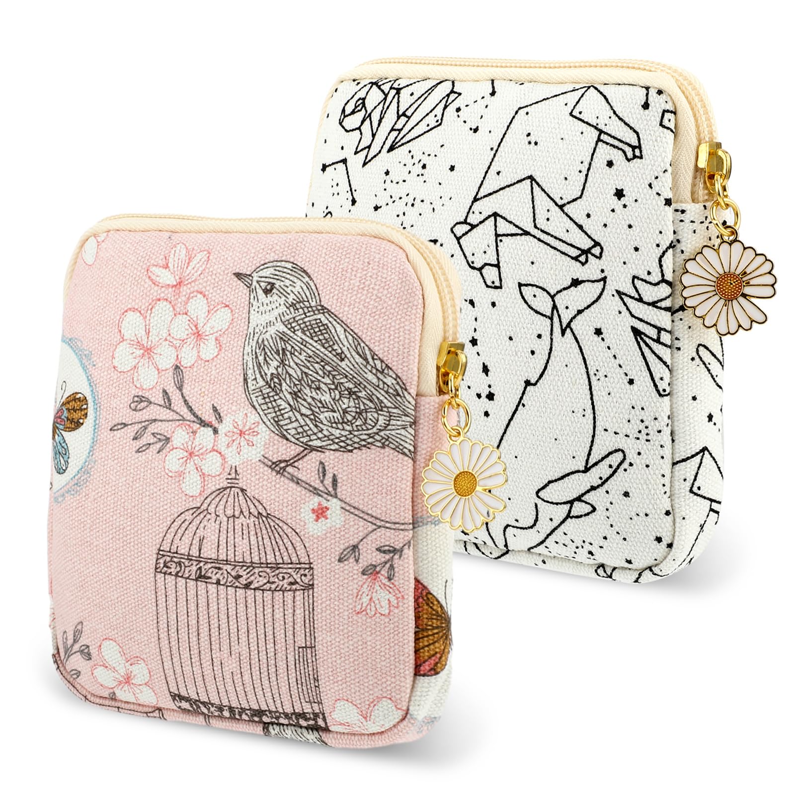 Amabro Sanitary Napkin Storage Bag, 2PCS Period Bags Cute Sanitary Pad Storage Pouch Tampon Pantyliners Menstrual Purse Daisy Zipper for Women Teen Girls School Travel Feminine Product(Bird)