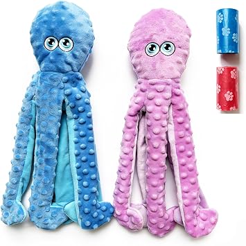 PetLike 2 Pack Squeaky Octopus Dog Toys, Durable Stuffing Plush Chew Toys with Crinkle Paper, Reinforced Liner Interactive Toys for Medium & Large Dogs Pink+Blue, Large