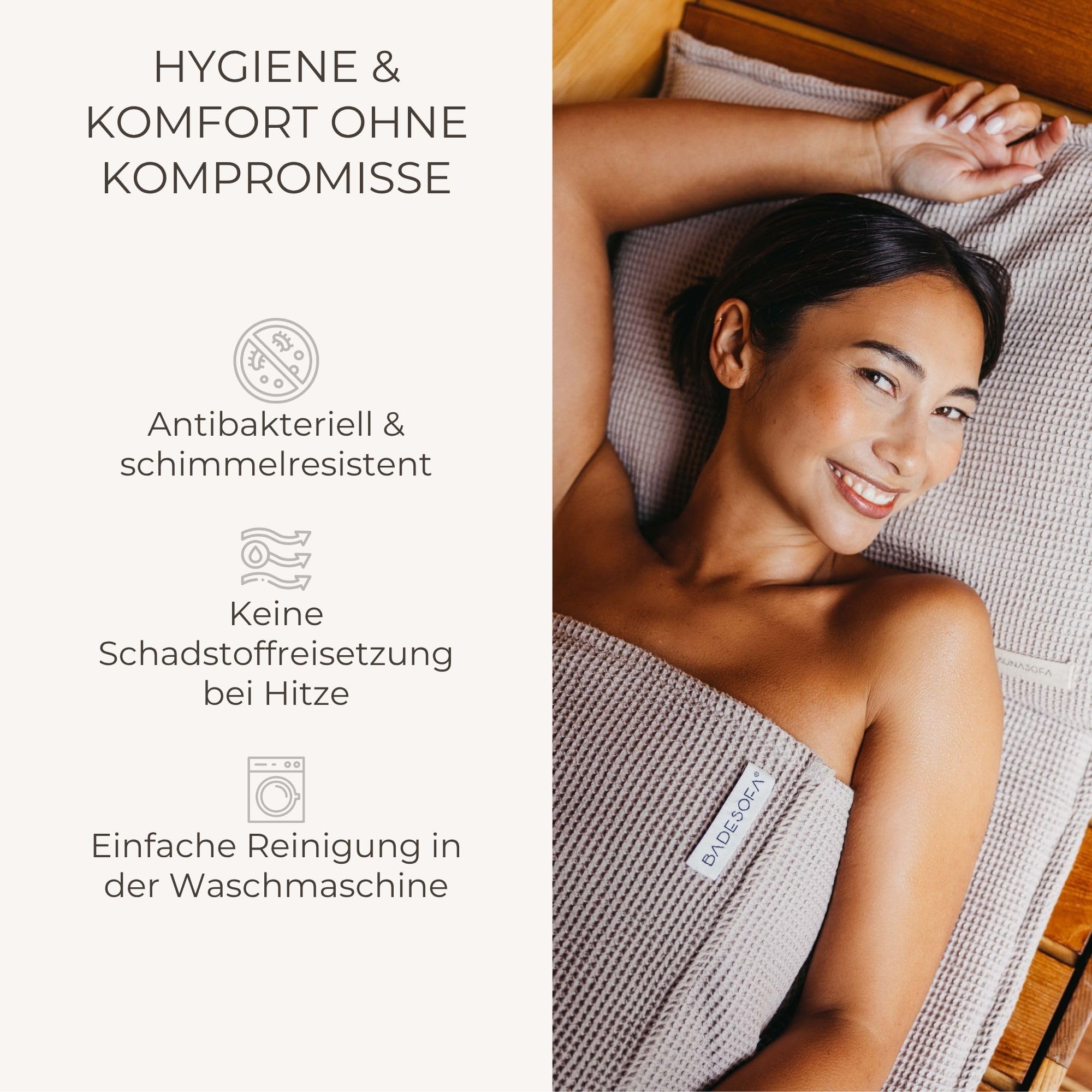 SAUNASOFA Set Long – Saunamatte zum Liegen mit Kissen – Sauna-Auflage für Infrarot & klassische Sauna – Schadstofffrei, waschbar & handgefertigt in Europa – Sauna-Set in Grau