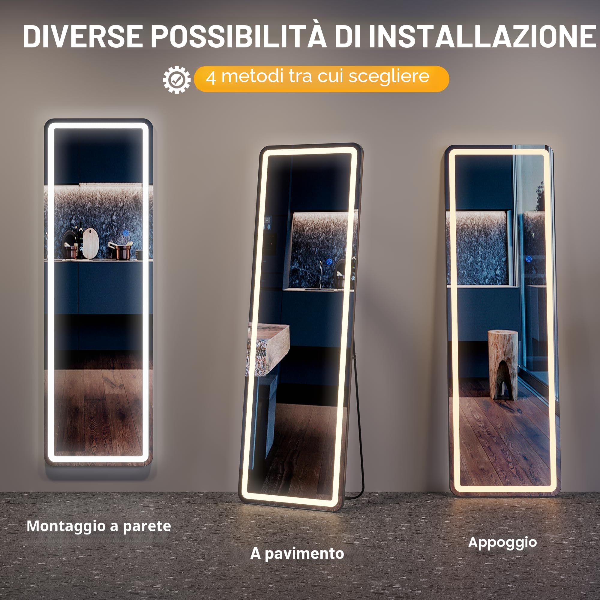 ZKIODV Specchio da parete 160 x 50 cm, con illuminazione, specchio a LED grande, grande specchio illuminato, con supporto per camera da letto, soggiorno, corridoio (nero)