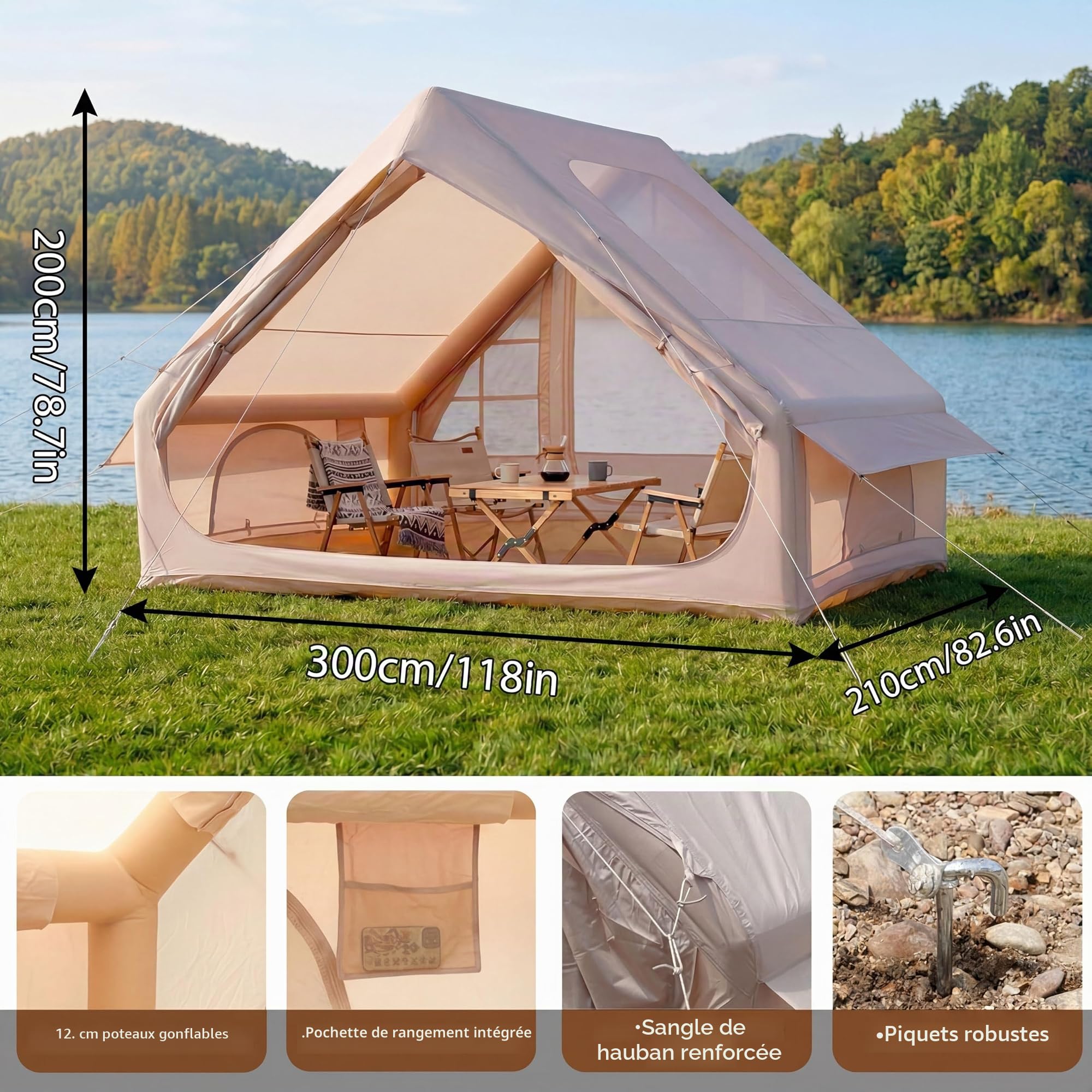 Tente de camping gonflable avec fenêtre de toit - Tente gonflable pour 2 à 4 personnes - Avec pompe à air - Tente gonflable en tissu Oxford imperméable pour les saisons - Montage rapide - Tente