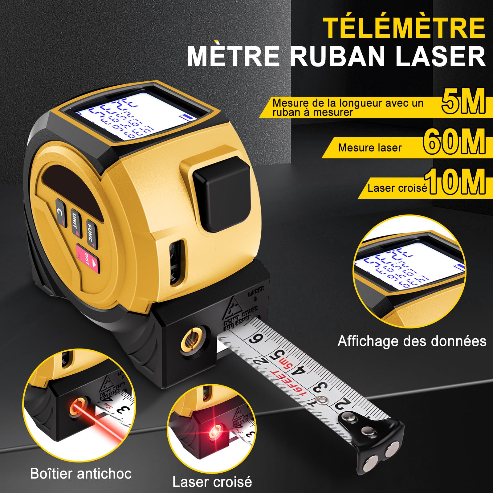 Mètre À Ruban Laser 3 en 1, 60 M Mètre de Distance, Télémètre Infrarouge, Testeur de Surface, avec Mètre À Ruban 5 M + Projecteur de Lignes Rouges, pour La Construction Et L'Ingénierie