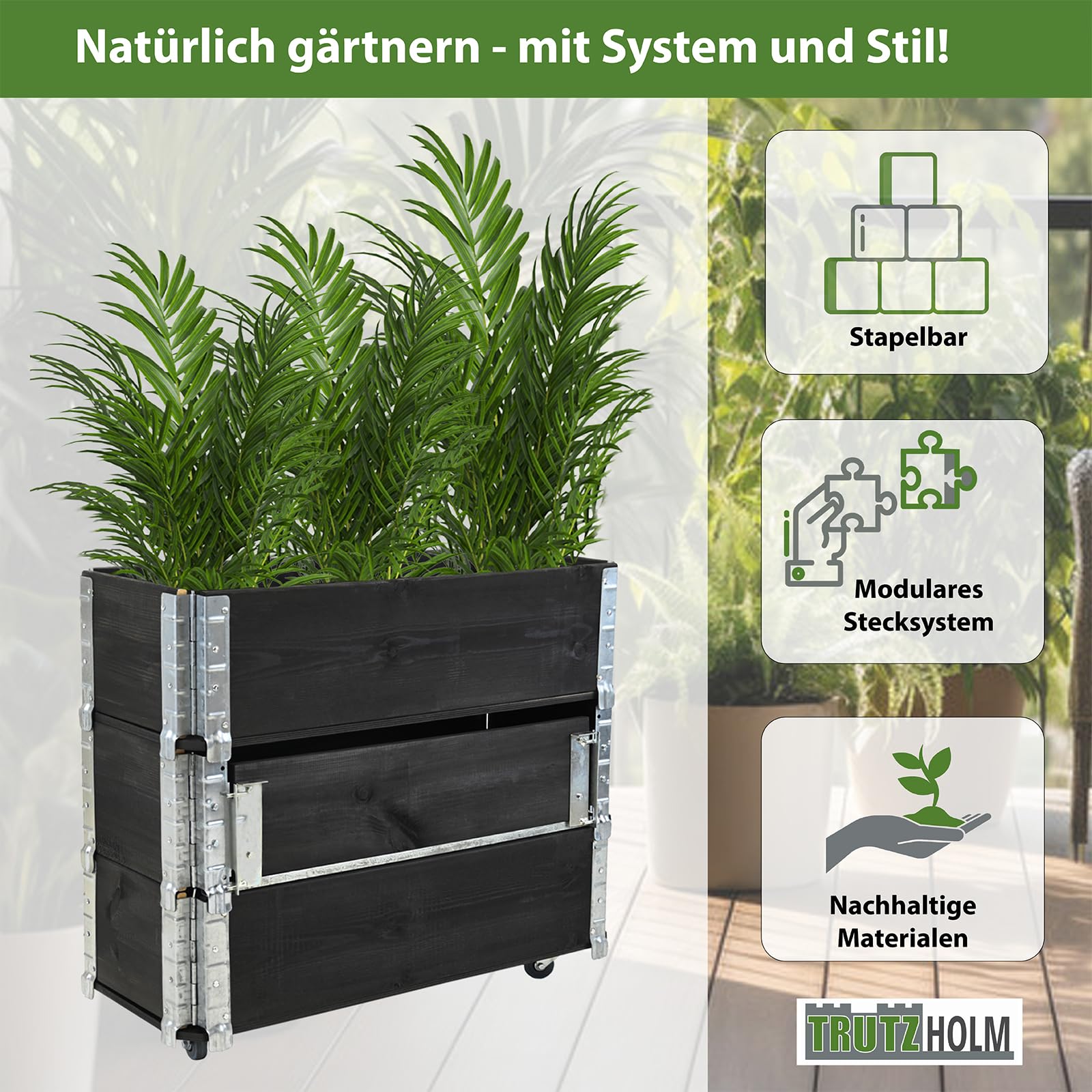 TRUTZHOLM Hochbeet aus Holz 80x30x68 cm Kräuterbeet mobiler Einsatz auf Rollen Feststellbremsen für Garten und Balkon, Kräuter oder Blumenkasten, mit Stauraum Fach, teilbar, zeitlos, flexibel