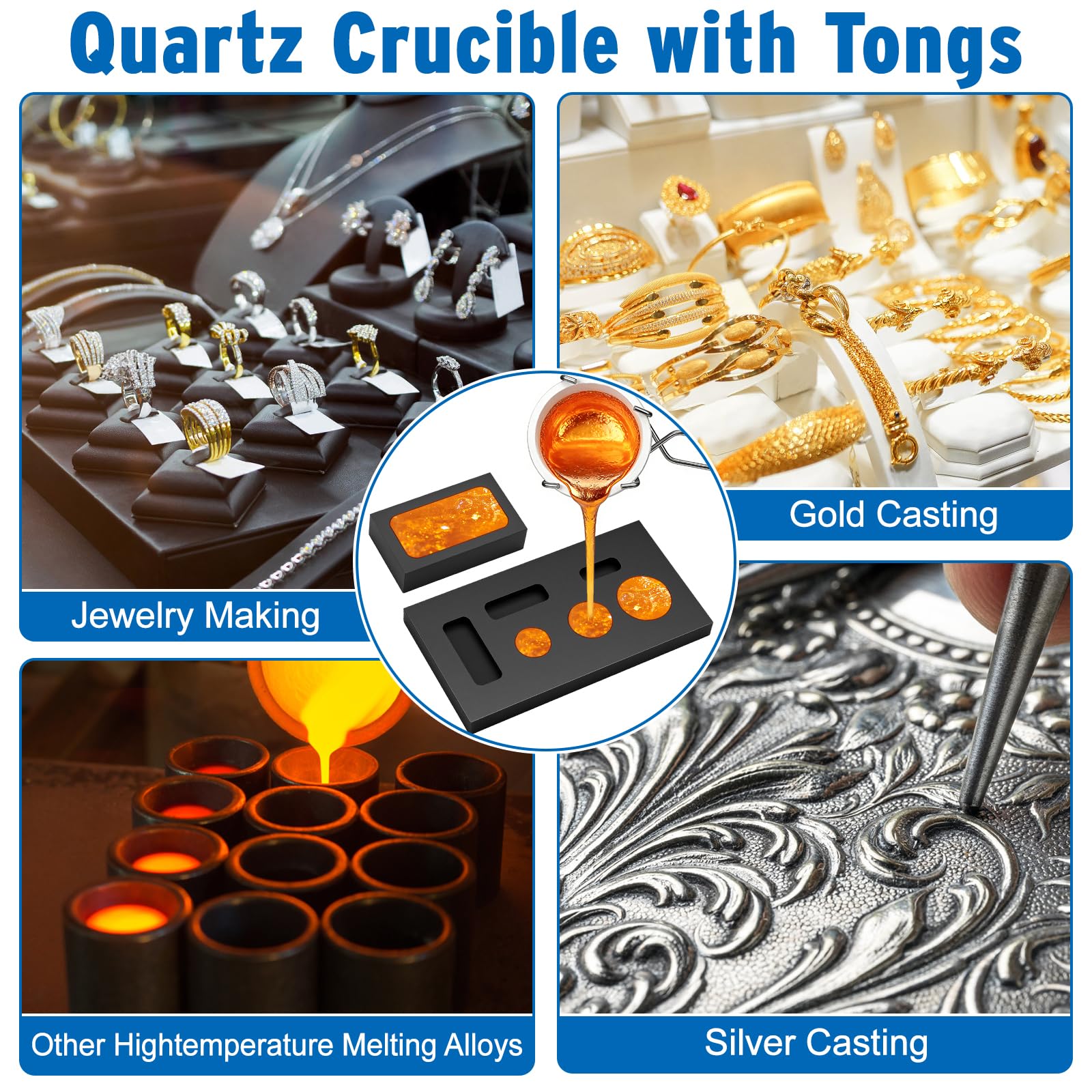 Hysagtek Kit de 9 crisoles para derretir metal, kit de fundición de antorcha de grafito, crisol de grafito, moldes de lingote de grafito, 2 varillas agitadoras de crisol, taza de cuarzo y pinzas
