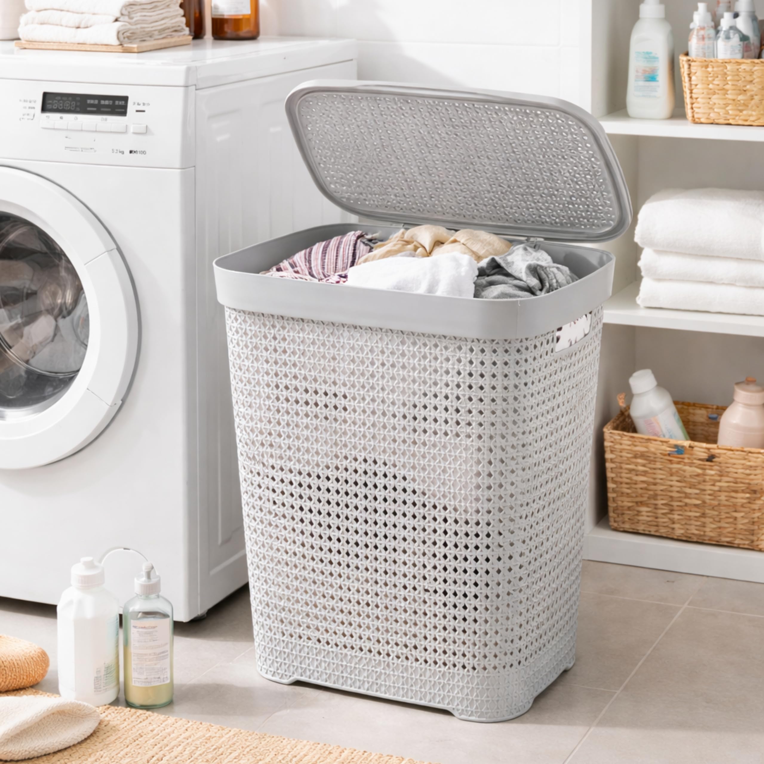 Eden & Willow Large Capacity Plastic Laundry Basket with Lid (60L), with Integrated Handles (Grey)