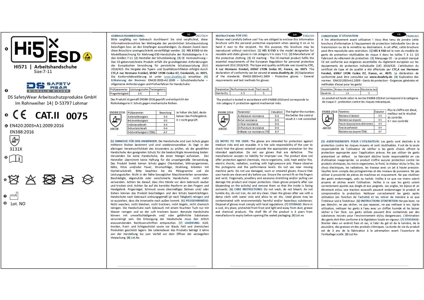 Hi5 DS SafetyWear X-ESD Arbeitshandschuhe – 13G Carbonfaser/Elasthan – ESD geeignet – EN 388:1121X – hohe Fingerfertigkeit Level 5 – Montage & Elektronik – weiß (M, 120, stück)