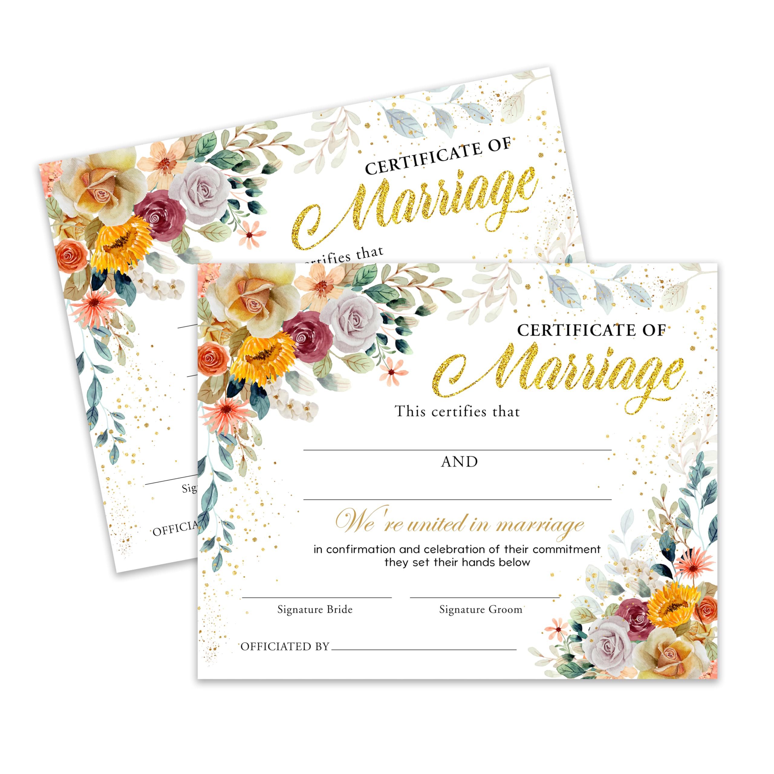 Marriage Certificates, Gold Foil Floral Wedding Certificate of Marriage, Wedding Invitations Cards, 25 Pcs Wedding Certificates for Wedding Ceremony