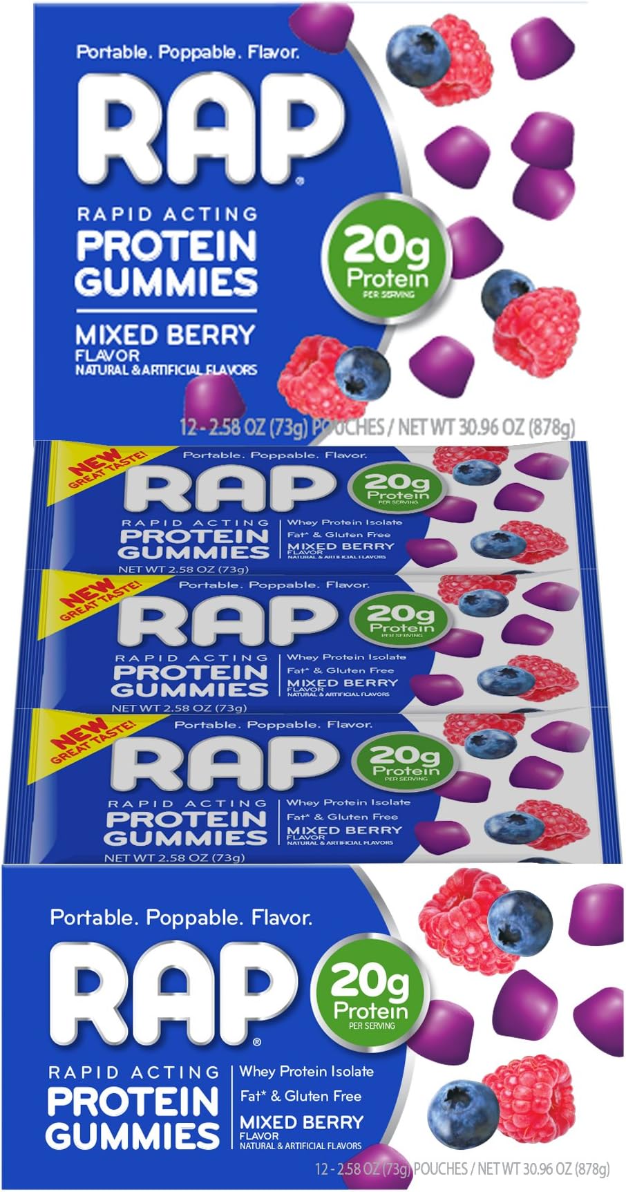RAP Protein Gummies, Mixed Berry, 2.58 Ounce Bag, Pack of 12