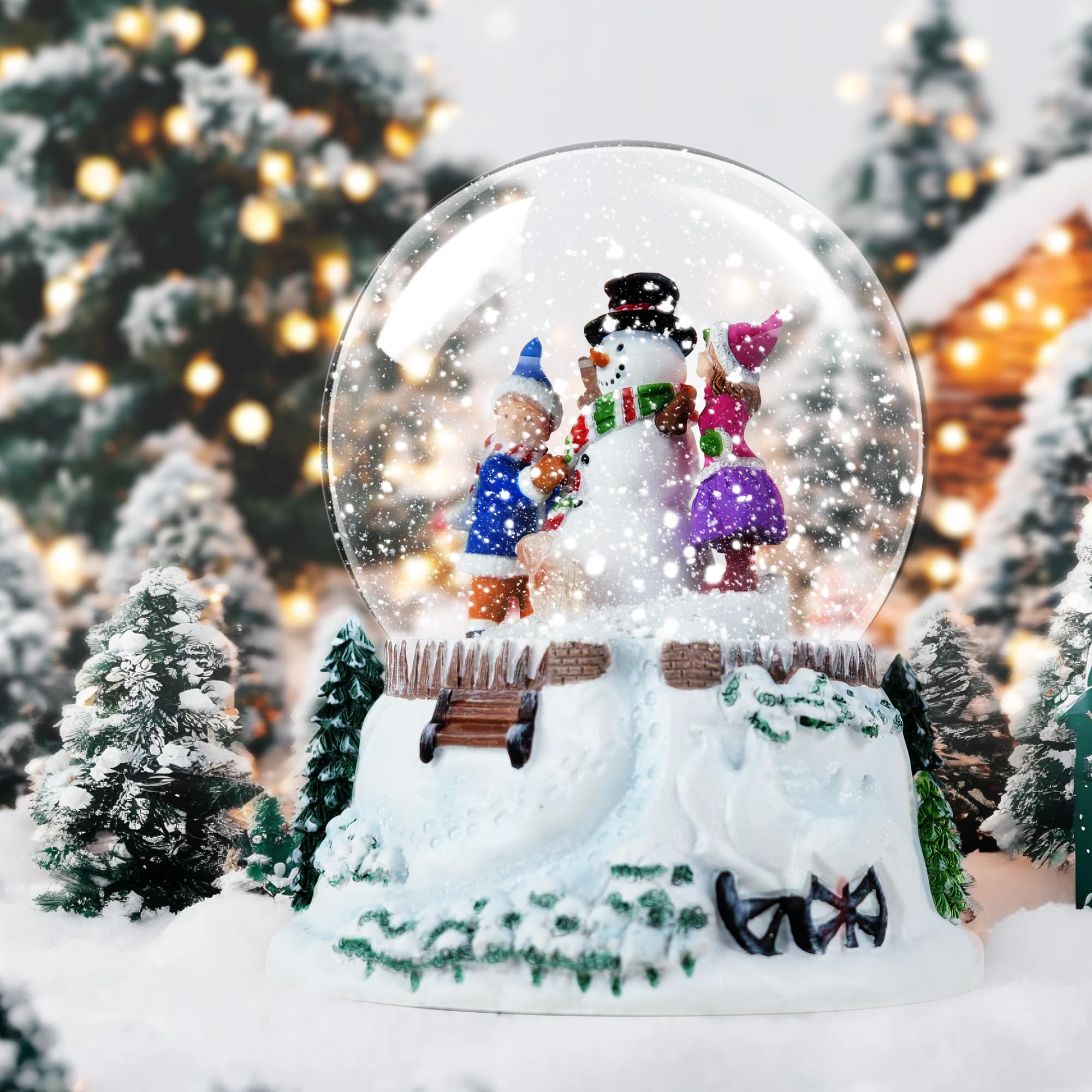 Boule à neige de Noël bonhomme de neige et amis avec lumières LED et chute de neige, boule à neige musicale pour les vacances, Père Noël vient en ville, décoration d'intérieur d'hiver, mélodie d'hiver