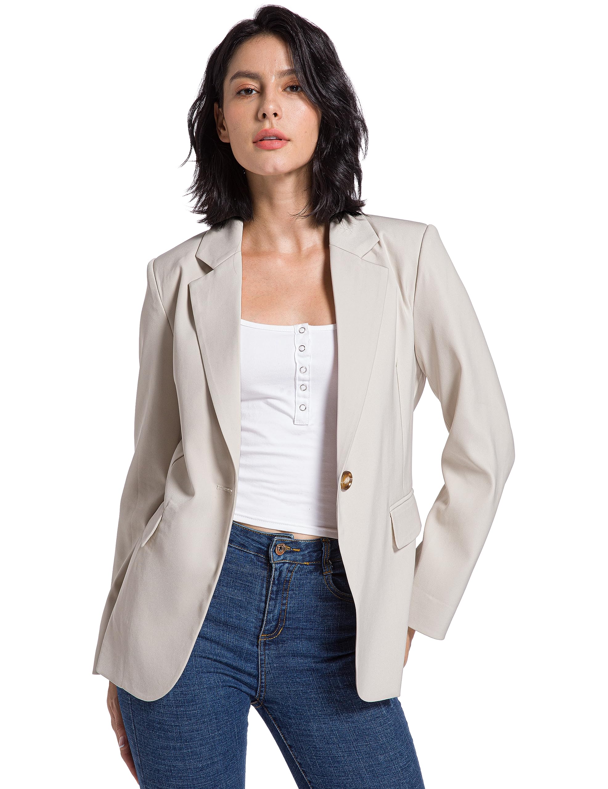 V VOCNI Blazer for Women Open Front Long Sleeve Work Office Suit Jackets Blazer Beige Large
