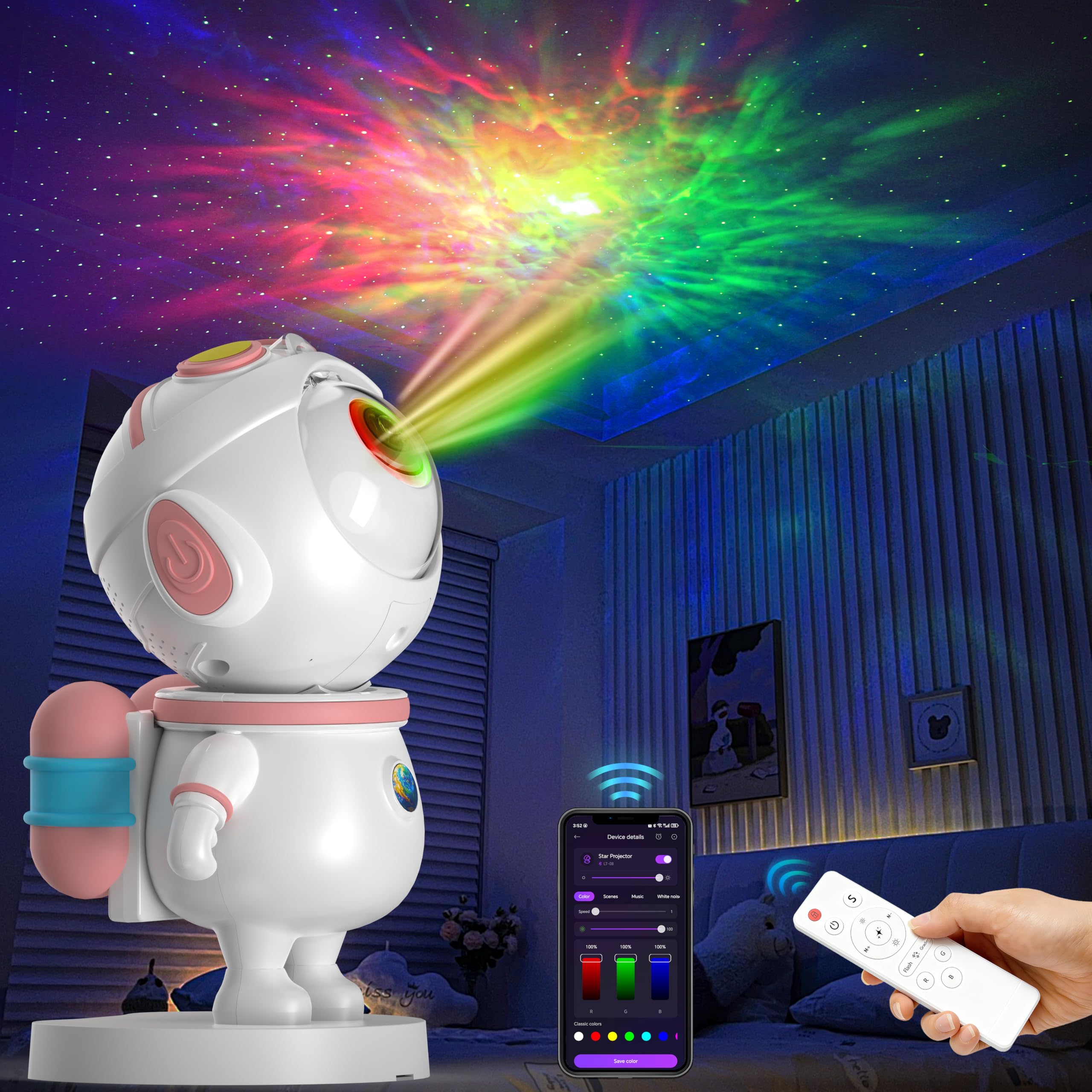 PAABOW LED Astronaut Sternenhimmel Projektor, Galaxy Projektor mit APP-Steuerung und Fernbedienung,sternenprojektor，Nachtlicht Sternenhimmel für Kinder und Erwachsene (Rosa und Weiß)