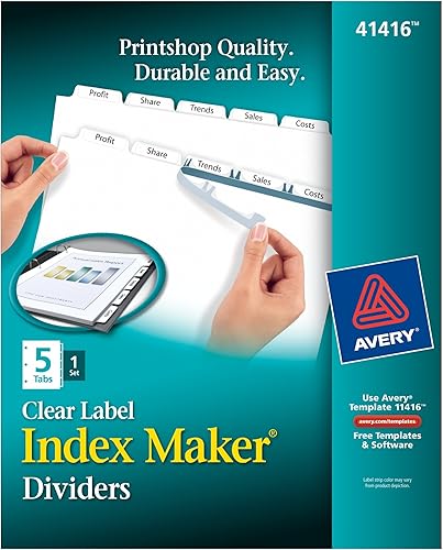 Avery Index Maker - Separadores de etiquetas transparentes con pestañas blancas, 8.5 x 11 pulgadas, 5 pestañas (41416)