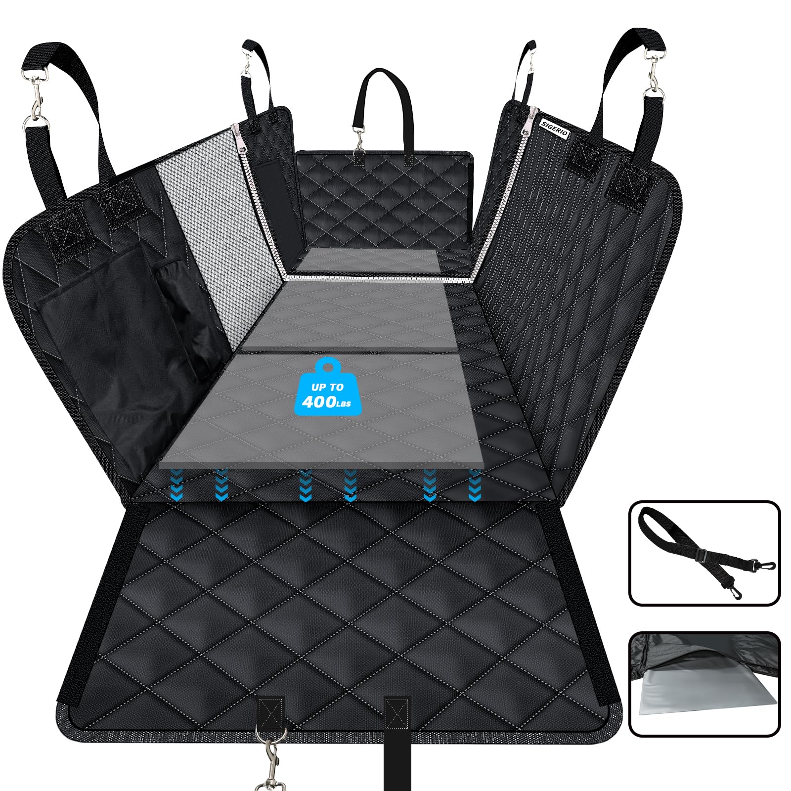 3 In 1 Back Seat Extender for Dogs, 40/60 Split Dog Car Seat Cover with Hard Bottom Dog Car Seat Bed Dog Hammock for Car Pet Backseat Protector with Mesh Window and Storage Pocket for Car( Black)