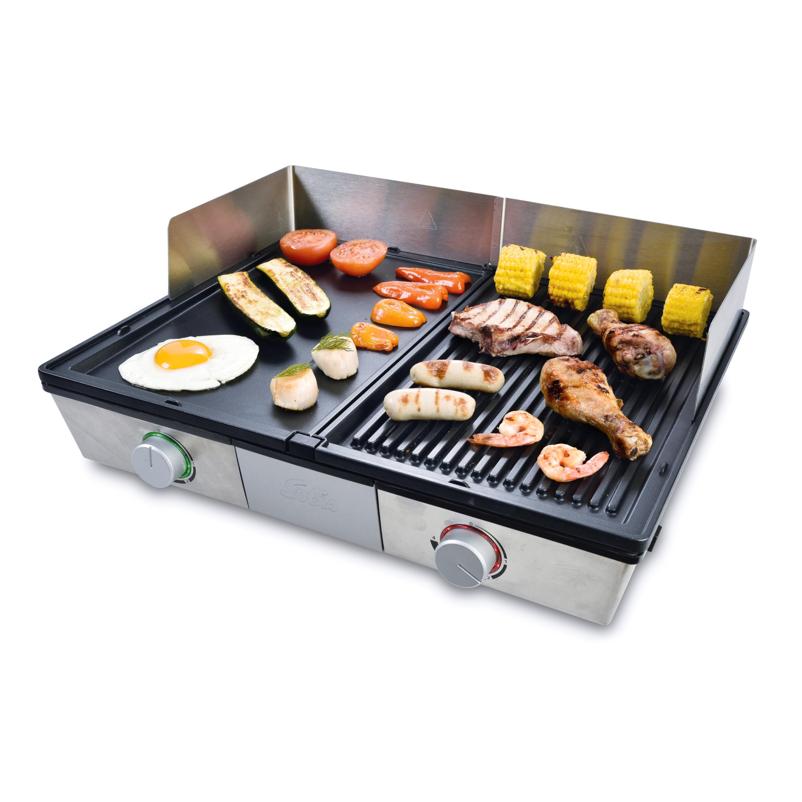 Solis Deli Grill 7951 - Elektrogrill - Grill Inklusive Spritzschutz und 2 Spachteln - Tischgrill Elektrisch - Edelstahl | 2200 W, Fettablauf und Auffangschale, Abnehmbare Grillplatten, Spritzschutz, Für Balkon, Garten und Küche