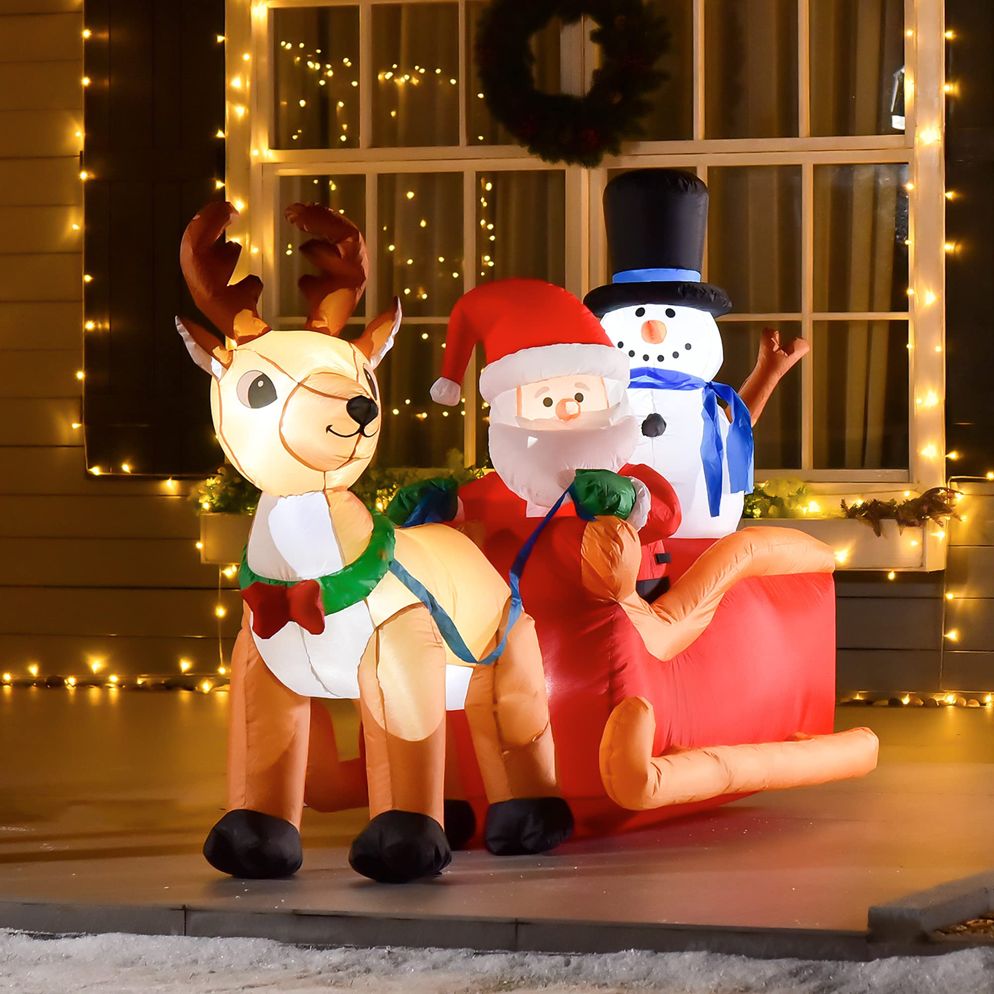 HOMCOM Aufblasbarer Weihnachtsmann auf Schlitten mit Schneemann 1,28 m | Weihnachtsdekoration, Integrierte LED-Lichter, Befestigungsmaterial, Weihnachtsdeko, Weihnachten Garten Rasen Außenbereich