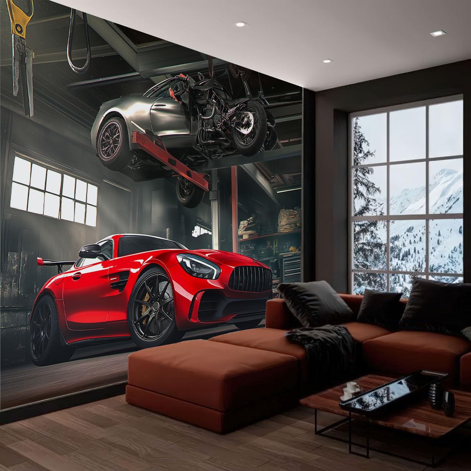 Papel Tapiz Fotográfico Taller Reparación Coches Industriales Deportivos Gris 200x140 cm 3D Papel Pintado Panorámico, Fuera de la Ventana Murales Decoración Pared para Cuarto de Niño Salón Oficina