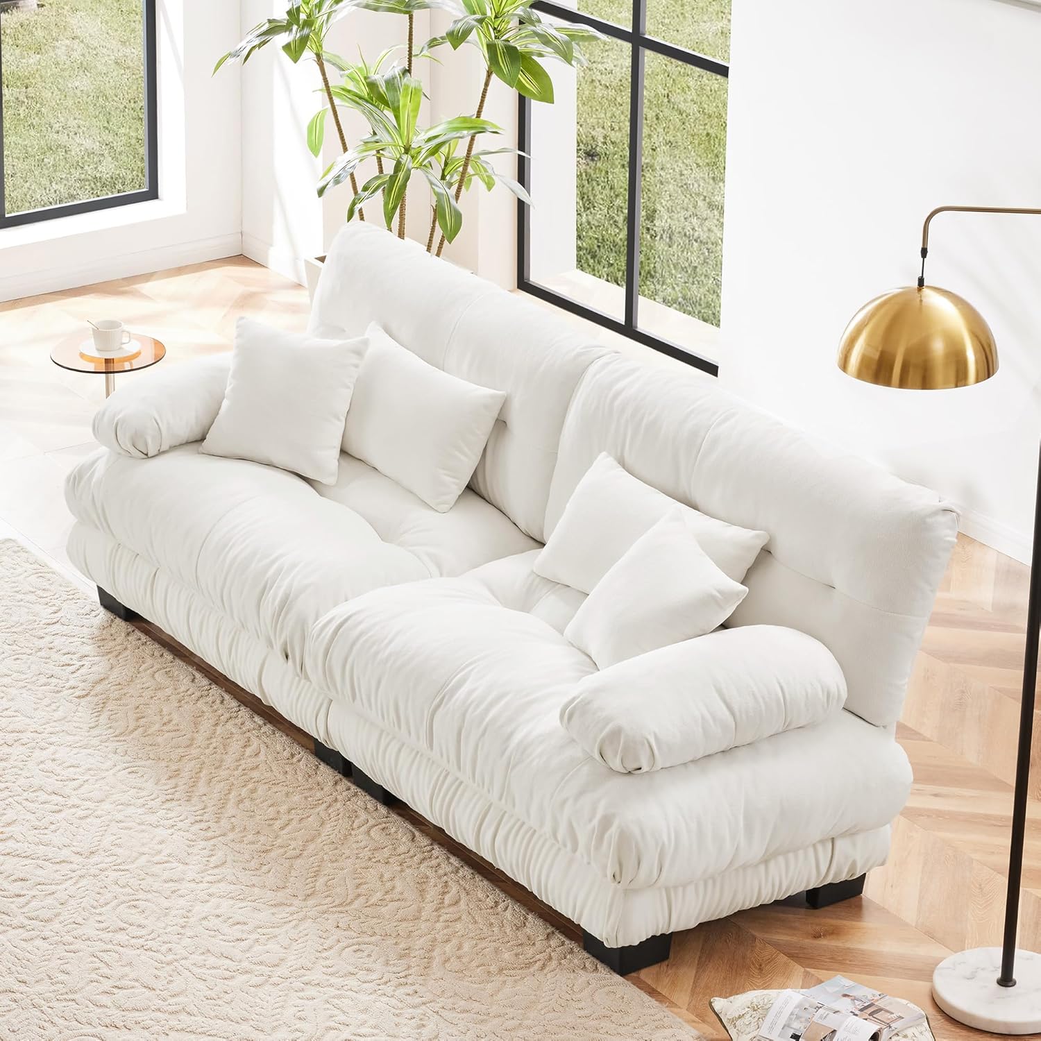 94.4" Loveseat Sofa, Chenille Comfy Cloud Sofa with 2 Lumbar Pillows and 2 Throw Pillows, Modern 2-Seater Loveseat Couches for Living Room, Breathable Chenille Fabric, White