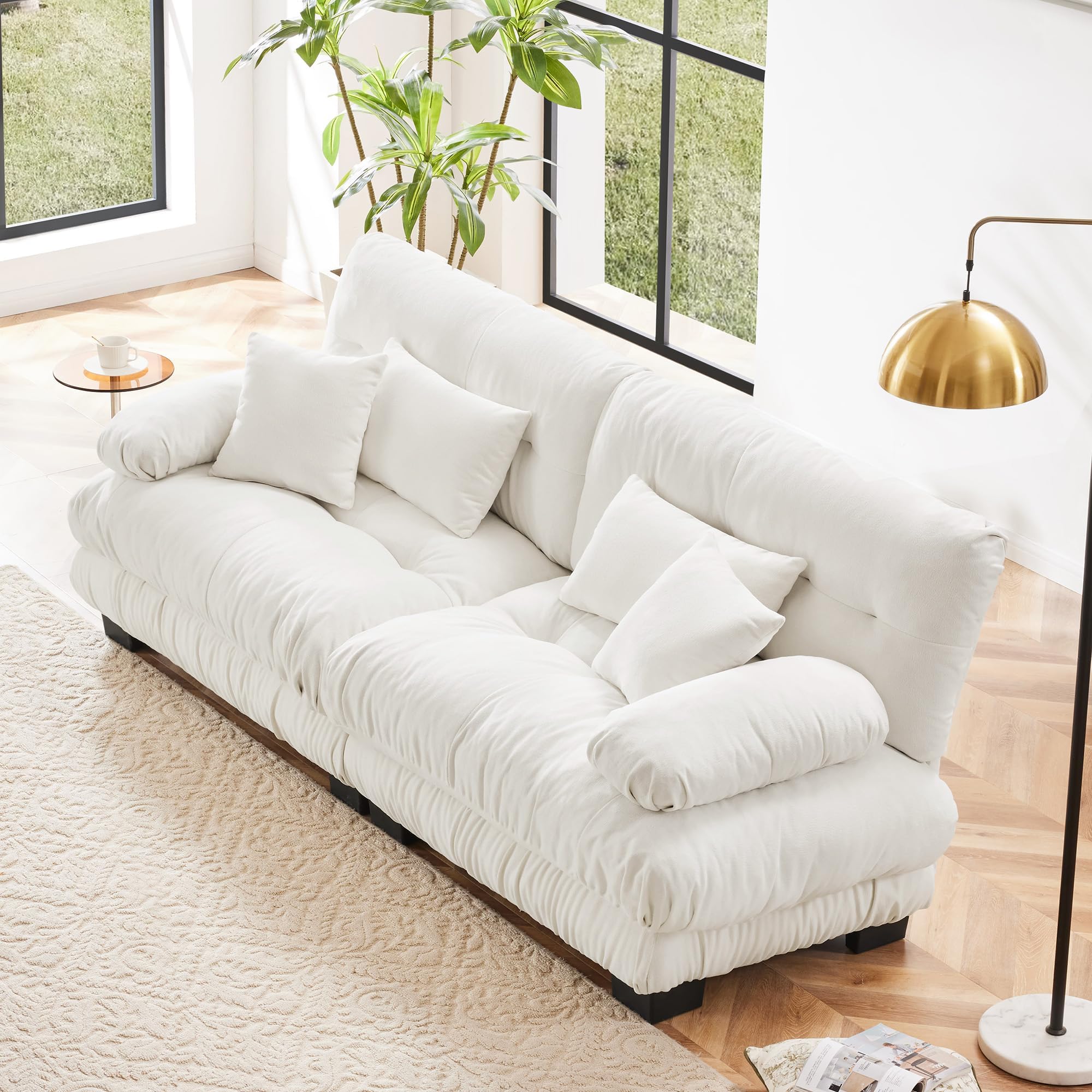 Cloud Couch 2 Seater Sofa with Lumbar and Throw Pillows, Plush Chenille Upholstered Deep Seat Sofa for Living Room, White