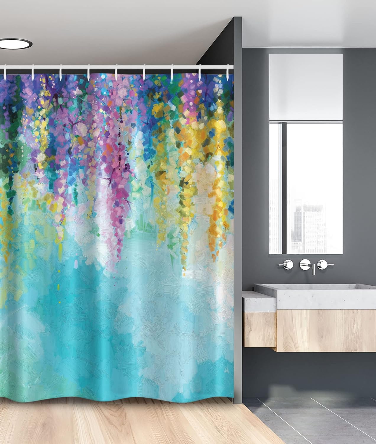 Ambesonne Flower Stall Shower Curtain, Abstract Ivy Romantic and Landscape Spring Floral Art Nature Theme, Fabric Bathroom Decor Set with Hooks, 54" W x 78" L, Sea Blue Sky Blue Off White
