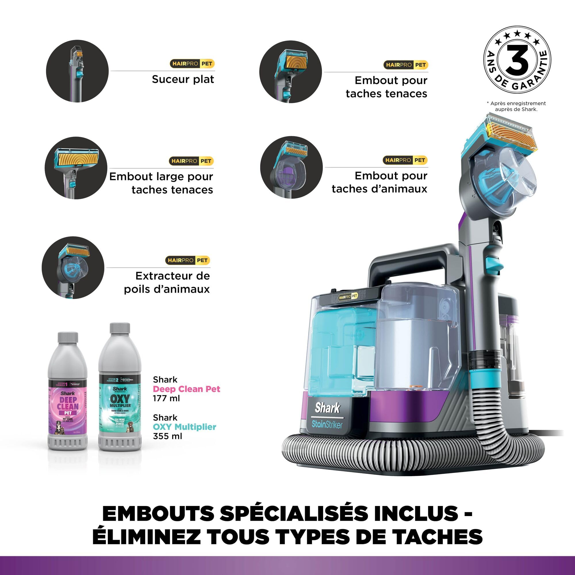 Shark StainStriker HairPro spécial animaux, Aspiration 450 W, Extracteur de poils, Élimine taches et odeurs, Léger et portable, Inclus : 4 accessoires et 2 formules de nettoyage PX250EUT