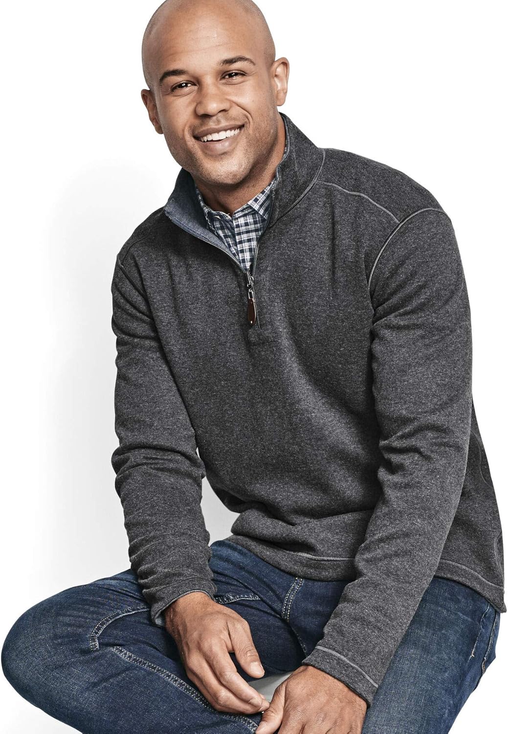 Johnston & Murphy Men's Reversible Solid Quarter-Zip Shirt, Medium,Charcoal/Blue