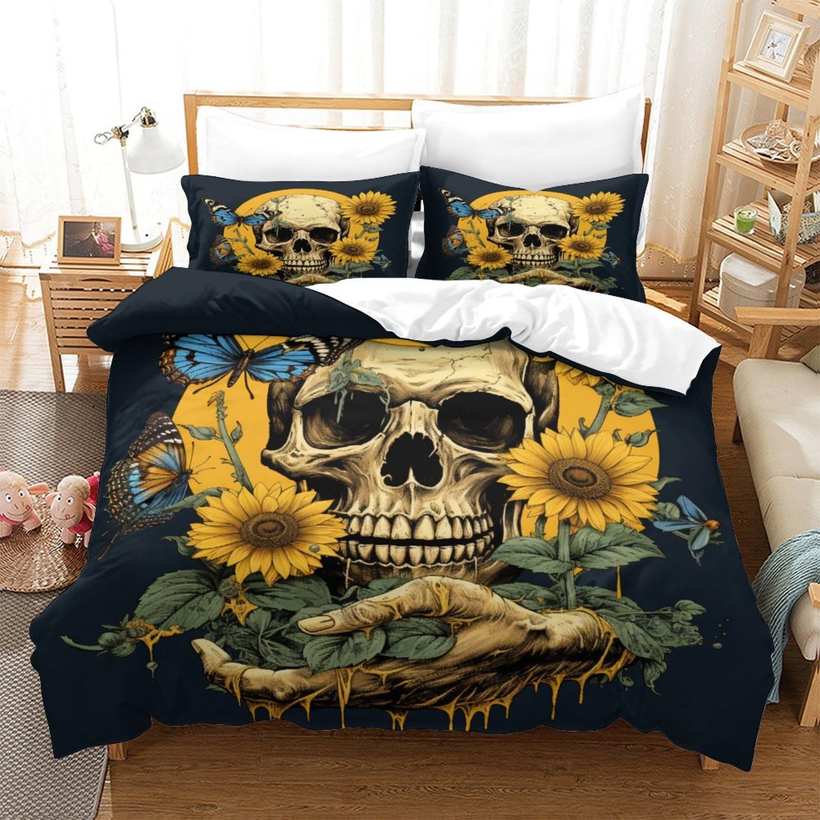 P1S9U7W5Y 3D Printed Sunflower Skull Duvet Cover Set 3pcs Microfiber Skull Floral Bedding Set King