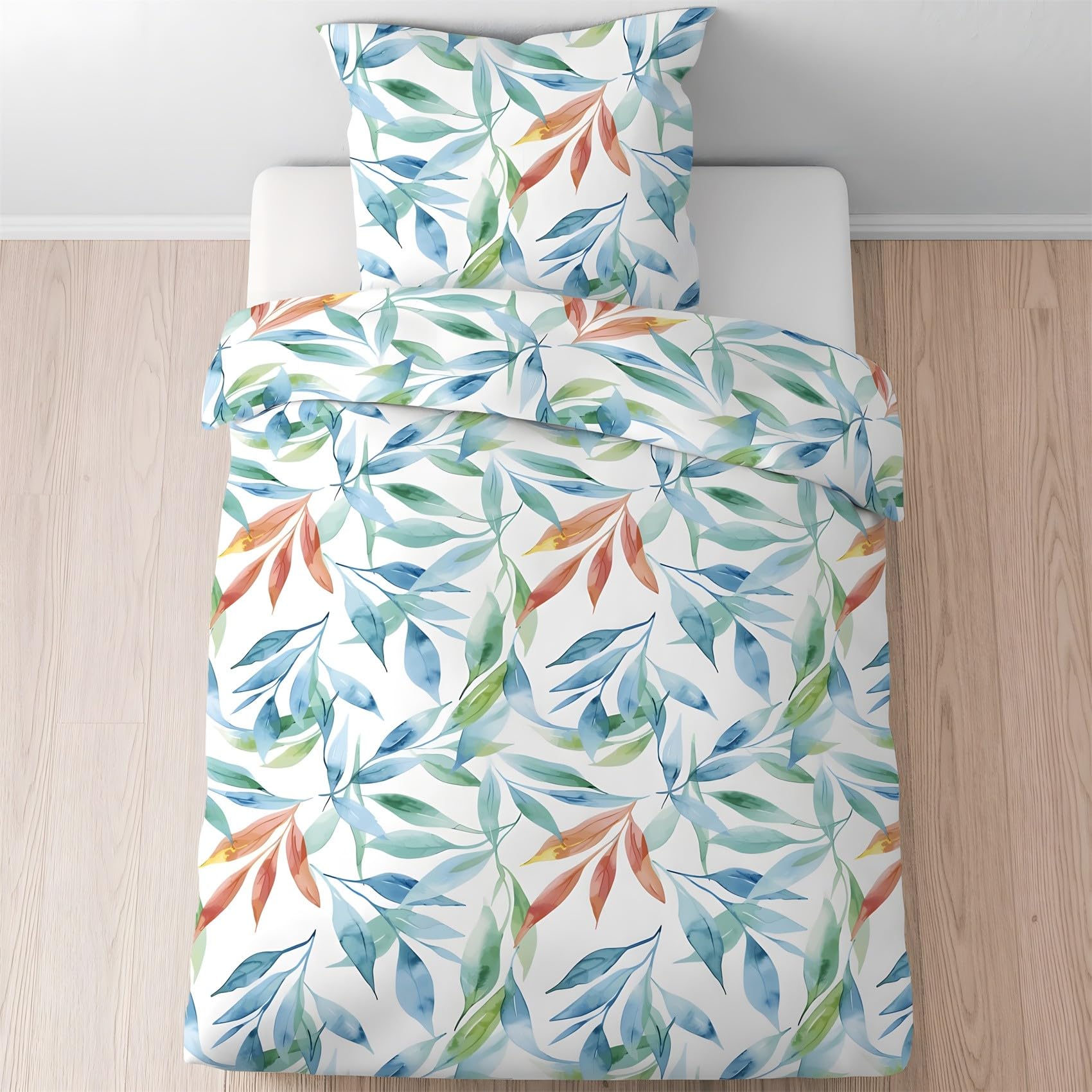 Housse de couette 240x260 bleu avec 2 taies d'oreiller motif branches et feuilles