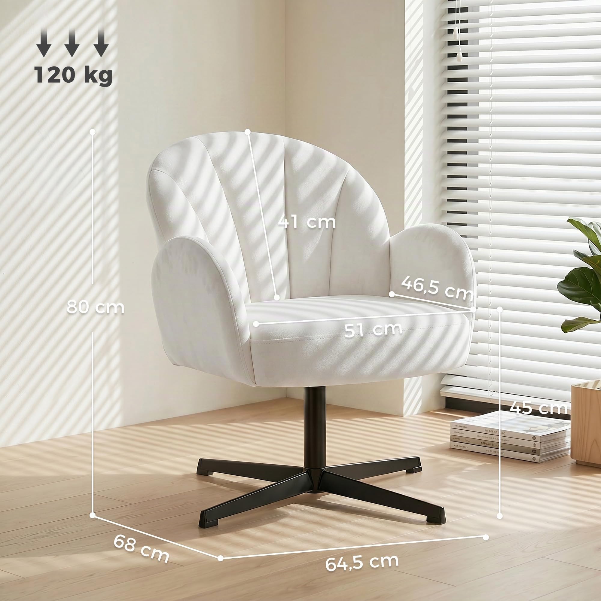 HOMCOM Sillón de Salón Giratorio, Butaca Tapizada en Terciopelo, Crema | Respaldo en Forma de Concha, Cojín con Resortes, Base Cruzada, Sillón de Relax para Dormitorio, Oficina, Estudio