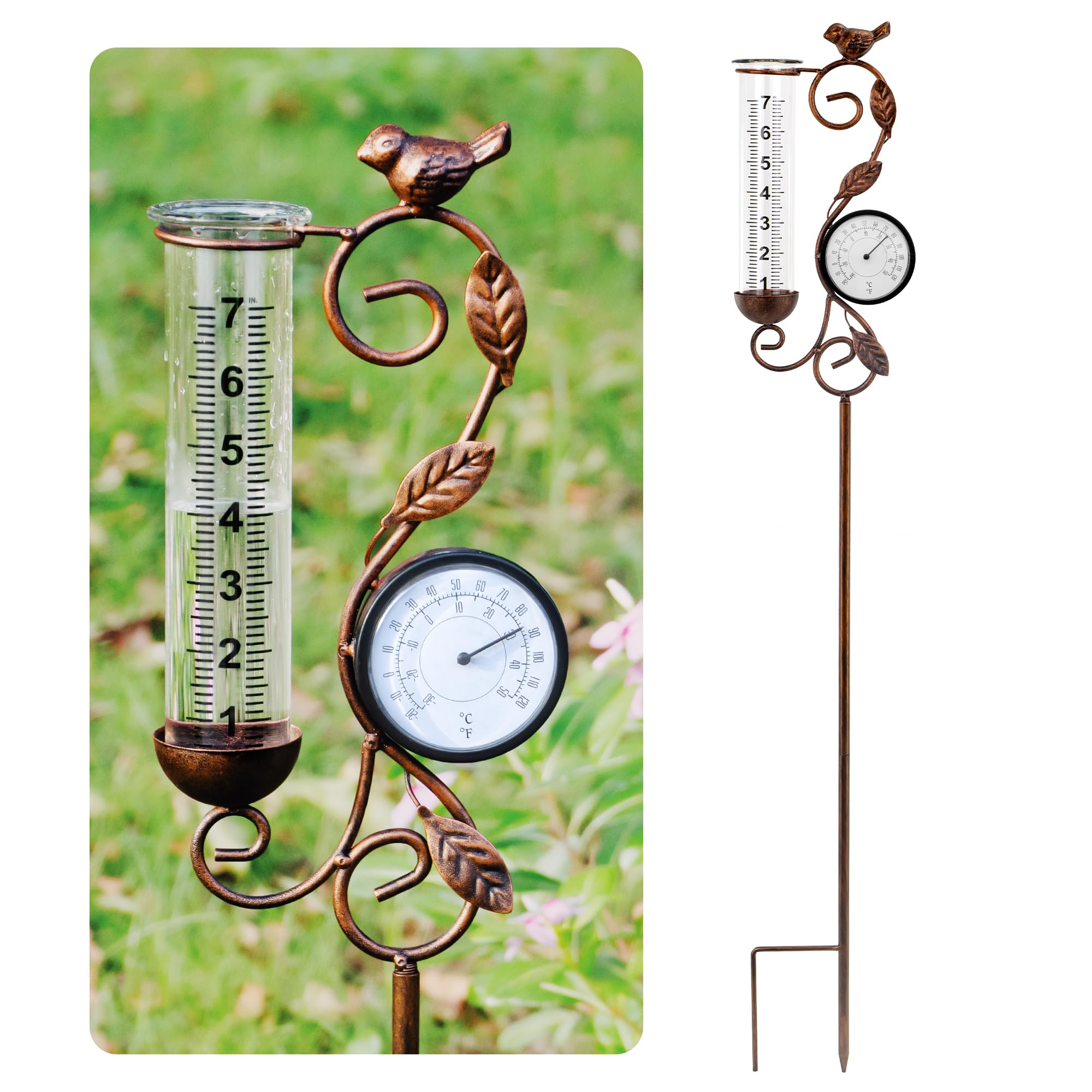 36in Bird Rain Gauge Thermometer Bronze Metal Garden Stake Decor