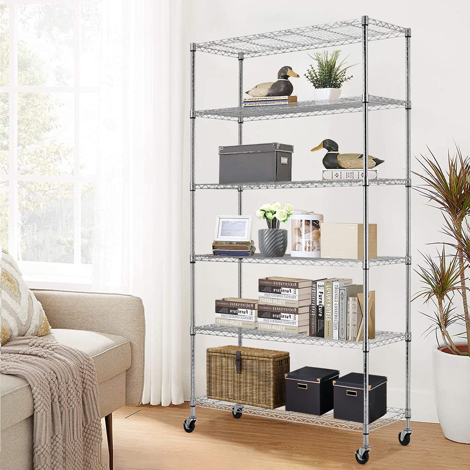6-tier storage shelves 18"x48"x82" metal shelving heavy duty 2100lbs capacity wire shelving unit on wheels metal shelves storage rack for kitchen bathroom pantry basement,chrome