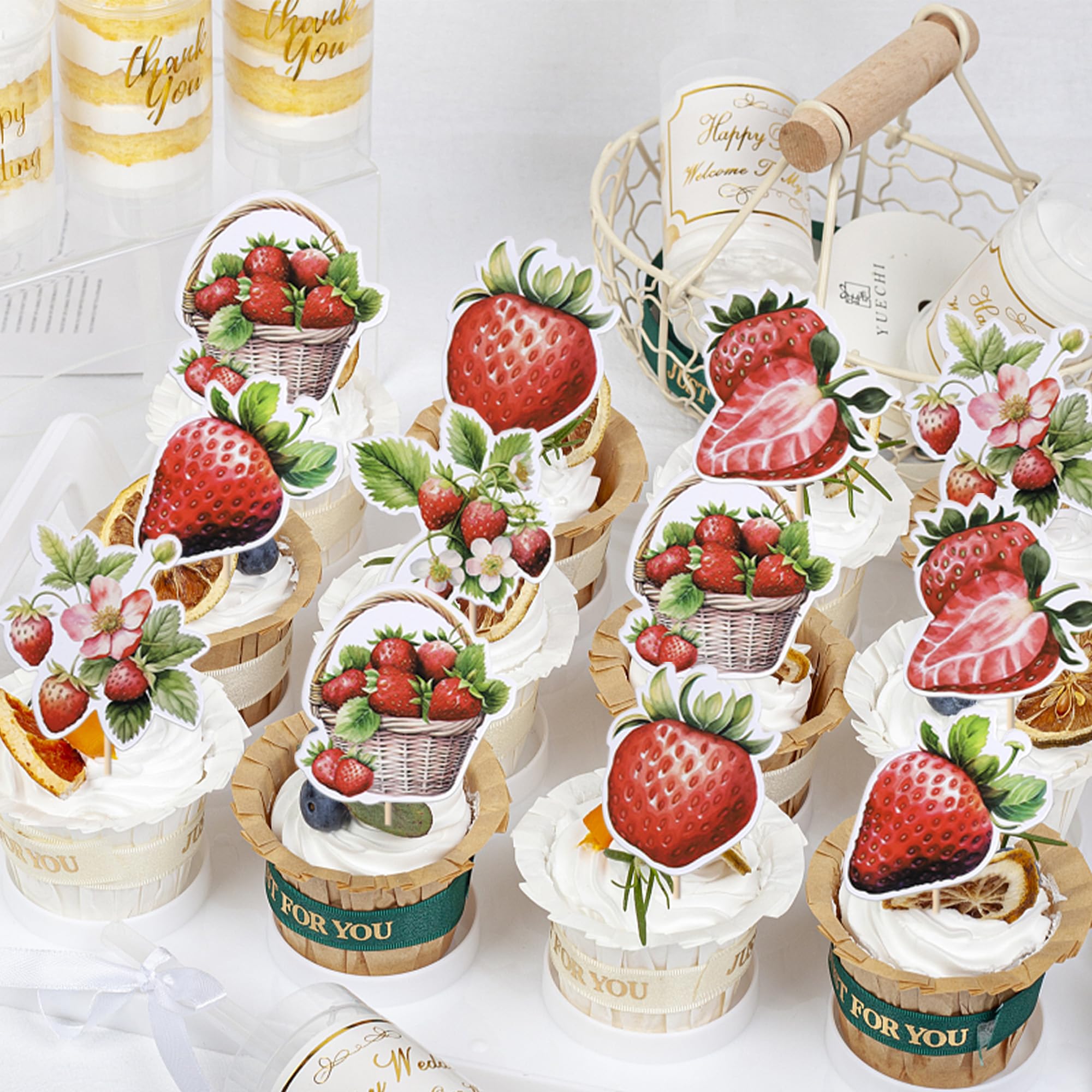 25 Pack Strawberry Cupcake Toppers - Red Fruit Theme Party Decorations