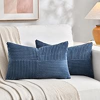 Fancy Homi 2-Pack Dusty Blue Corduroy Lumbar Pillow Covers 12x20 Inch - Striped Boho Farmhouse Decor for Couch Sofa Bed