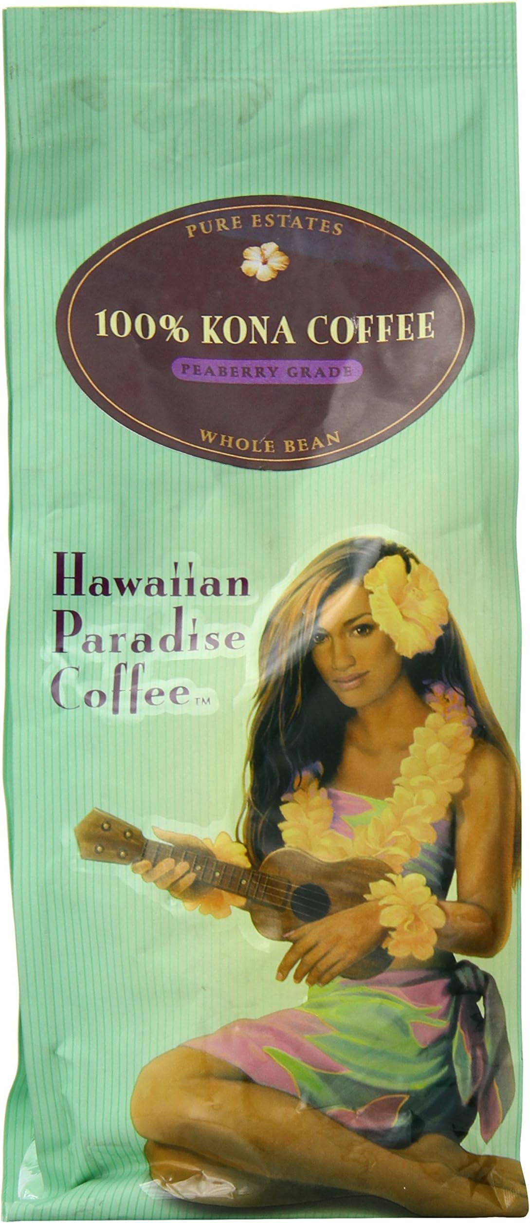Hawaiian Paradise Coffee 100% Kona Whole Bean Coffee, Peaberry Grade, 7 Ounce