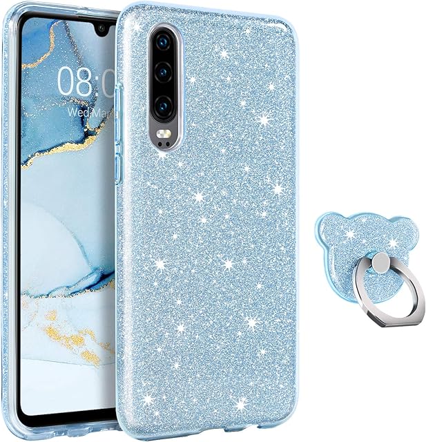 BENTOBEN Huawei P30 Case, Huawei P30 Case Glitter, Three Layer Shockproof Hybrid Hard PC Bumper Protective Silicone Sparkly Case with Finger Ring Stand for Huawei P30, Blue